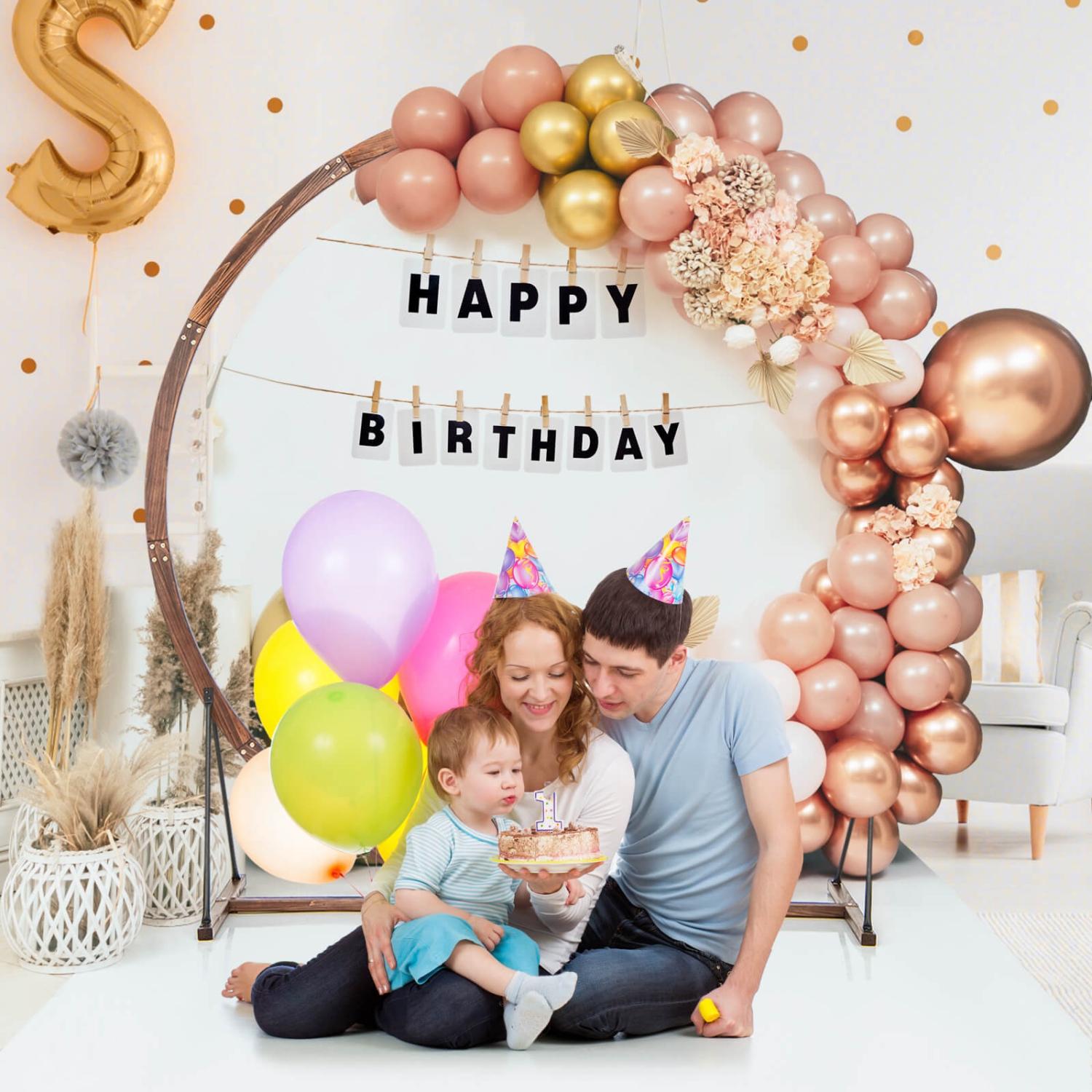 Costway 7.4 FT Round Wedding Arch Wooden Arbor Backdrop Stand with Triangular-Shaped Base