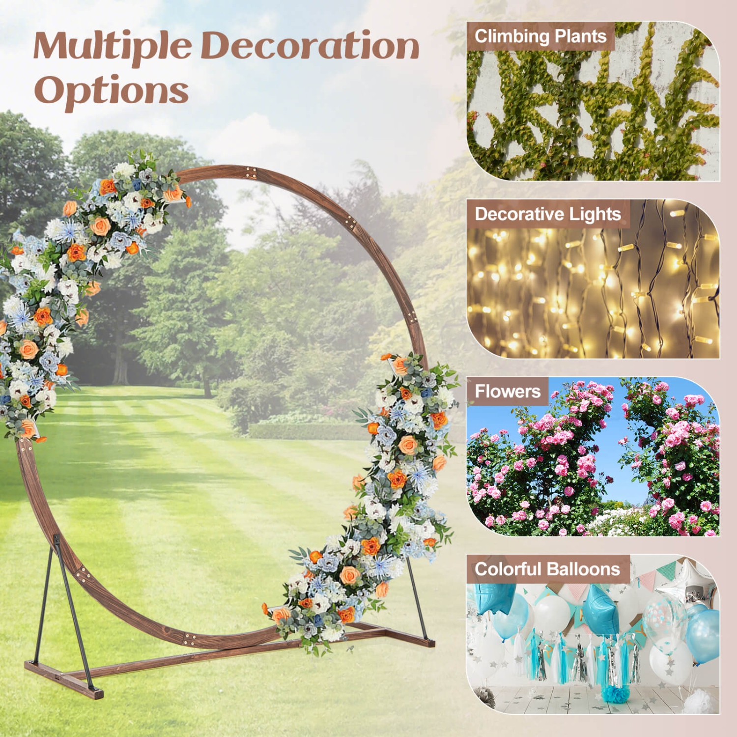 Costway 7.4 FT Round Wedding Arch Wooden Arbor Backdrop Stand with Triangular-Shaped Base