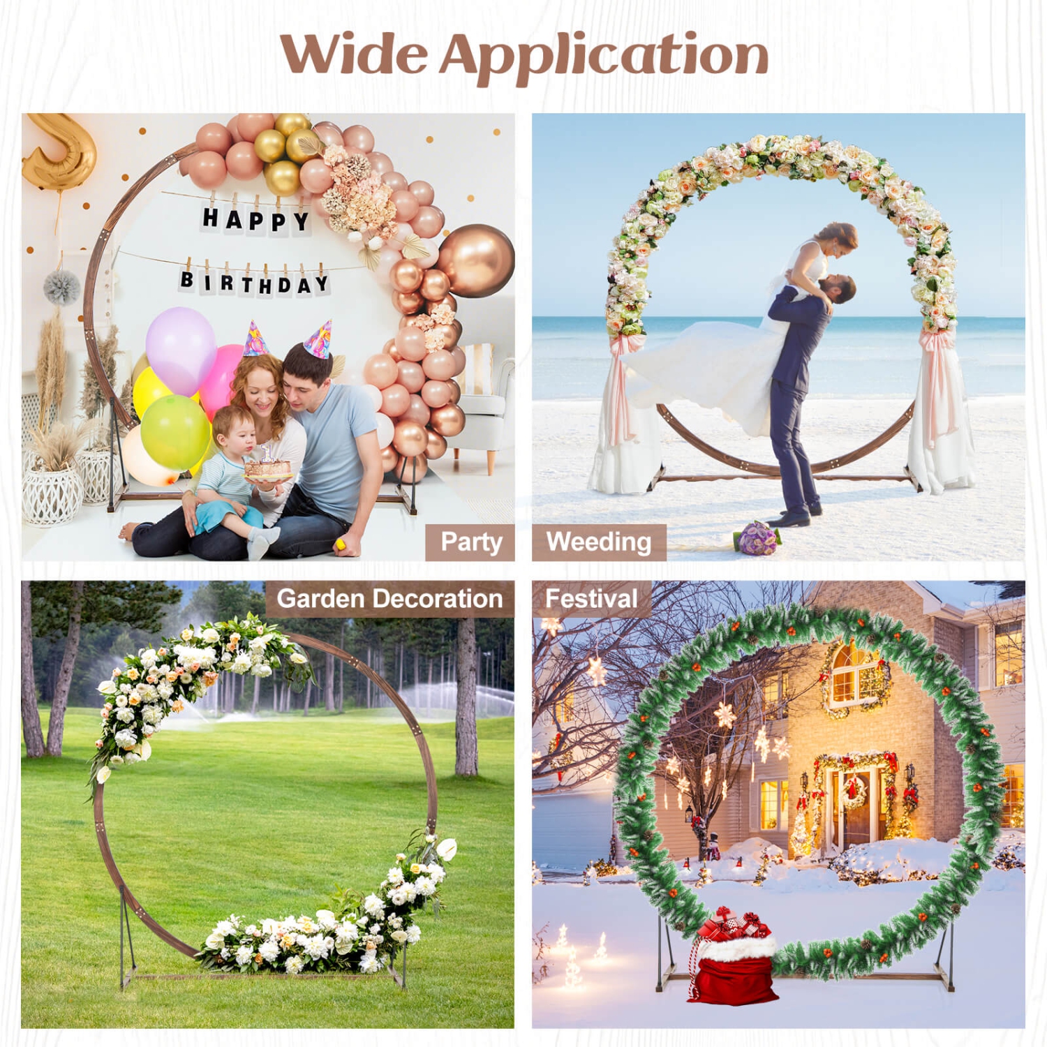 Costway 7.4 FT Round Wedding Arch Wooden Arbor Backdrop Stand with Triangular-Shaped Base