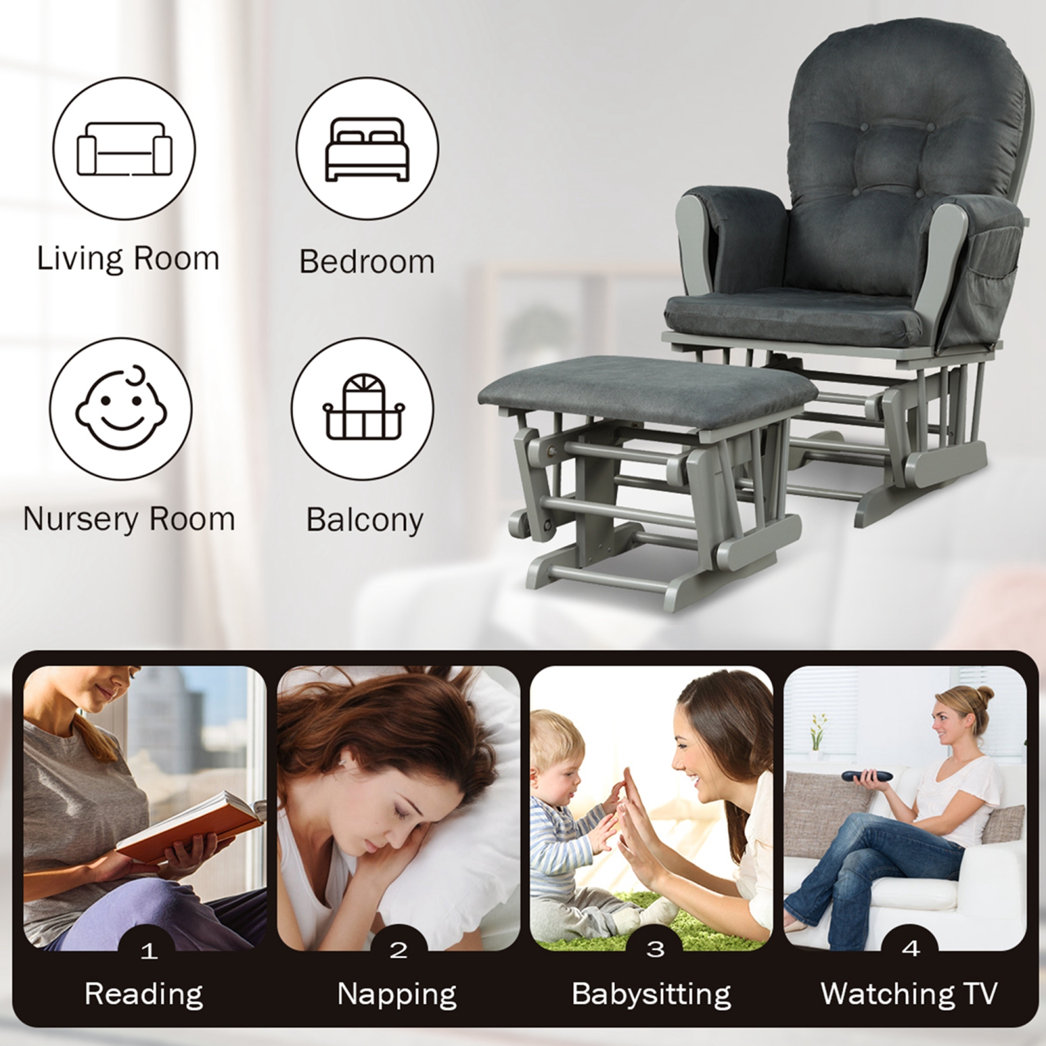 Ensemble fauteuil coulissant et pouf Relax avec coussin de Baby Nursery