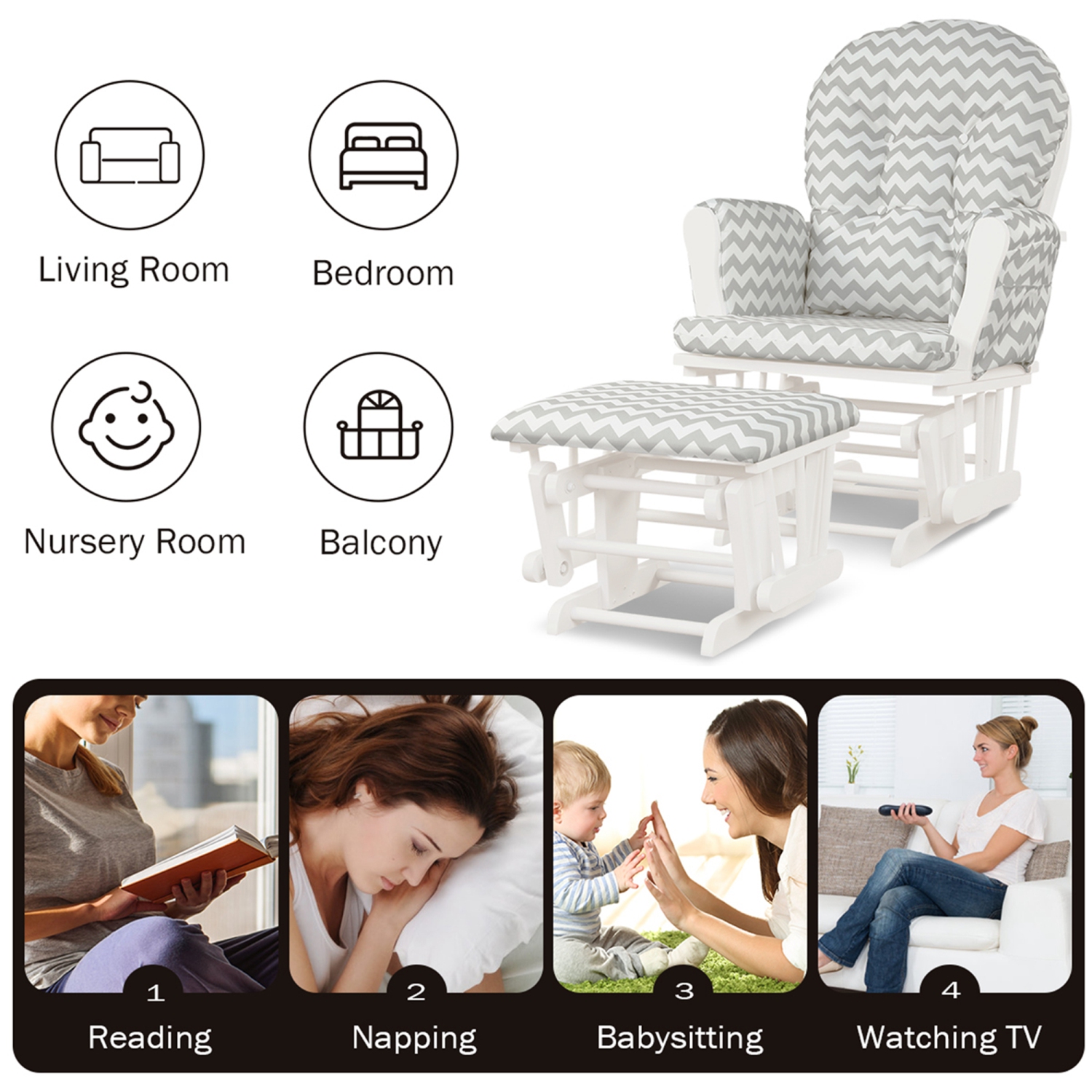 Baby Nursery Relax Rocker Rocking Chair Glider & Ottoman Set w/ Cushion