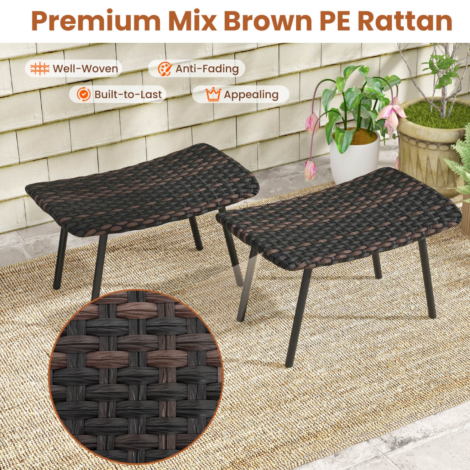 Ensemble de 2 poufs de patio en rotin avec mousse rembourrée à séchage rapide et pattes robustes en métal de Costway