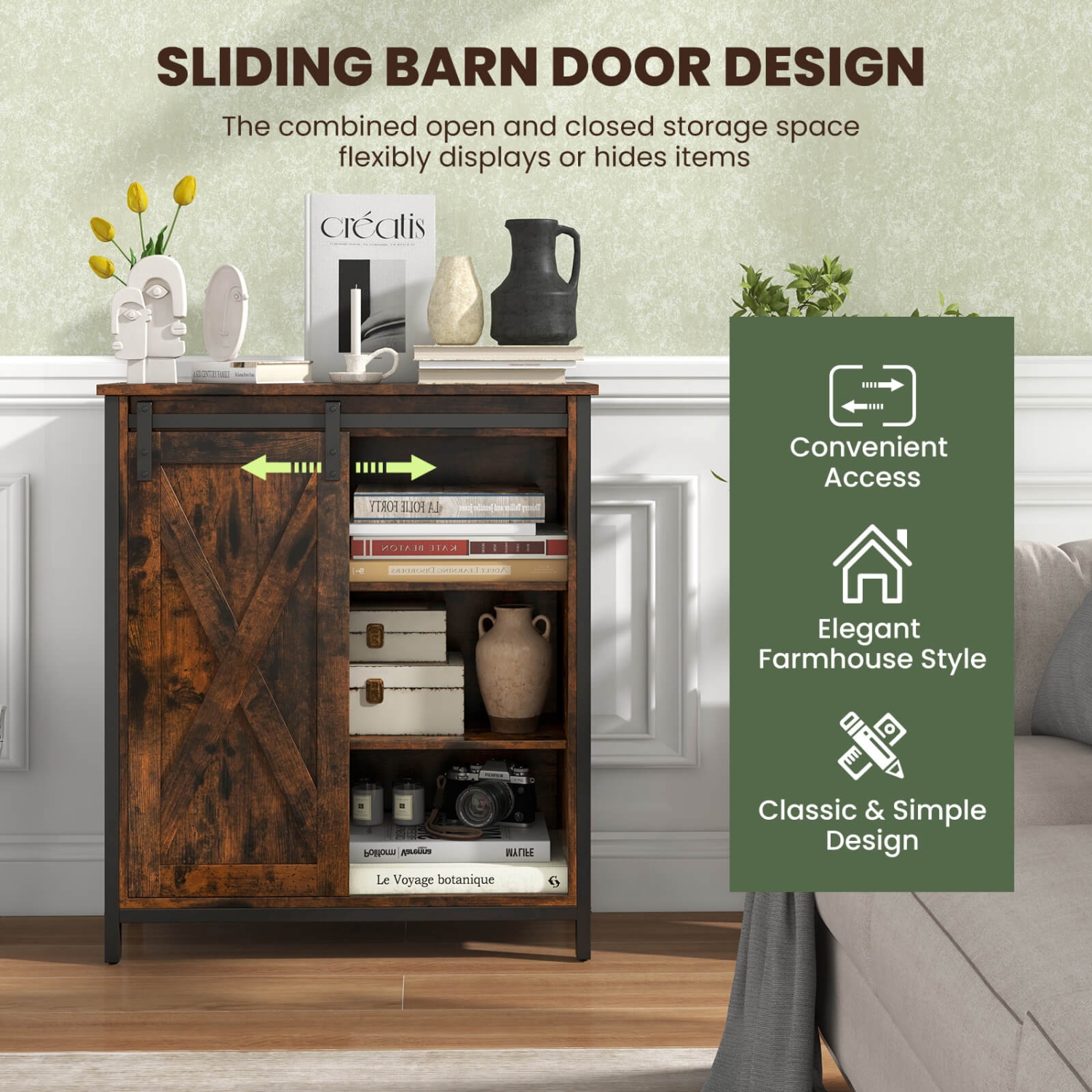 Costway 32" Farmhouse Accent Storage Cabinet with Sliding Barn Door & Adjustable Shelves