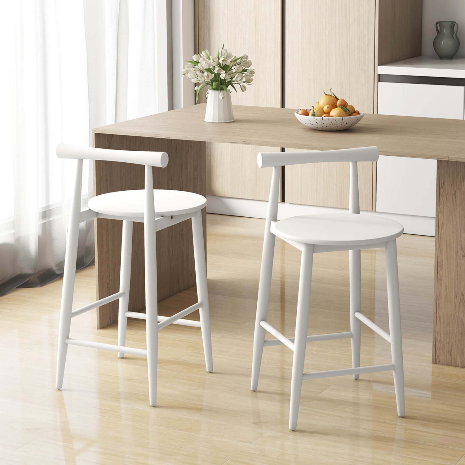 Costway Bar Chair Counter Height Stools Set of 2 with Acacia Wood Frame Supporting Legs White