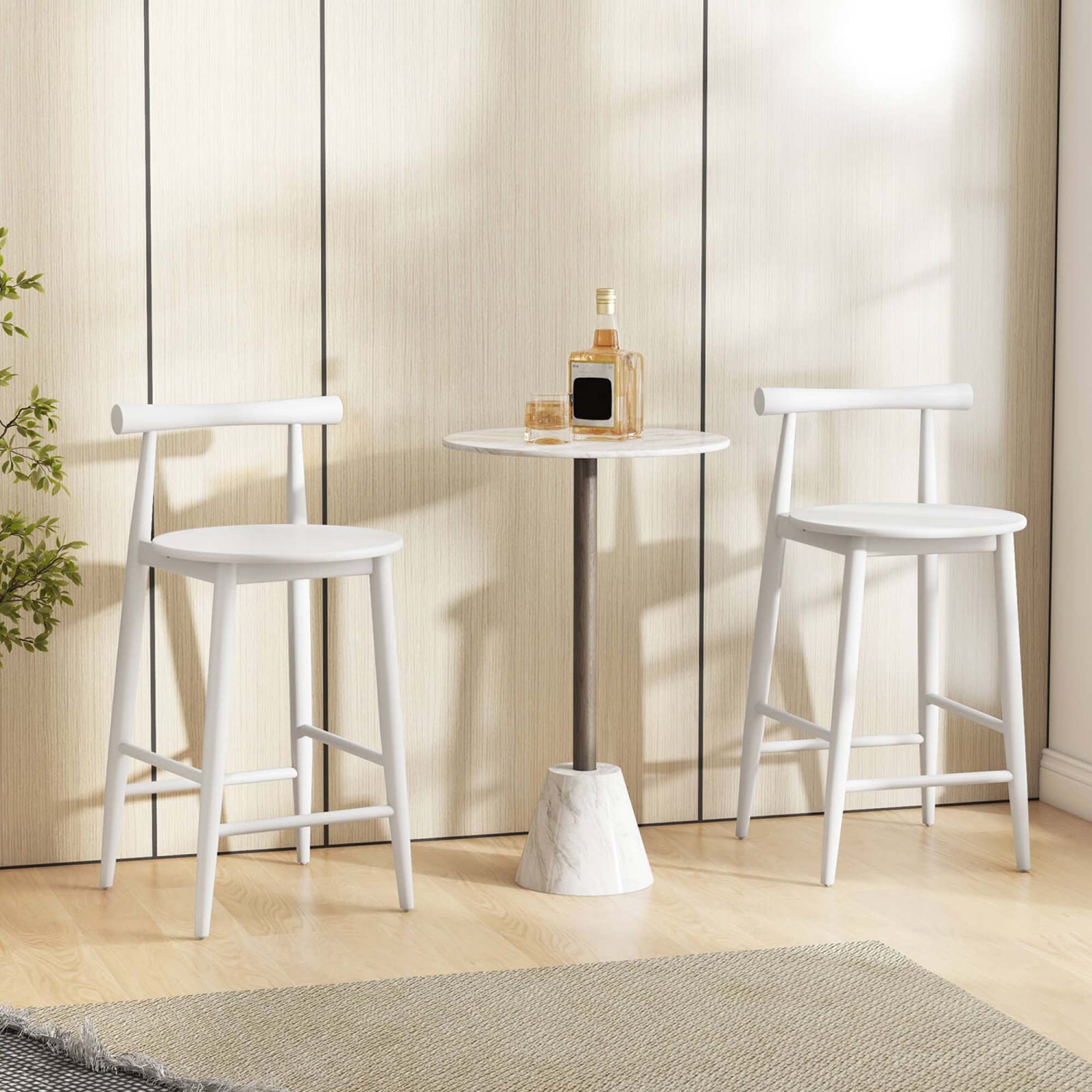 Costway Bar Chair Counter Height Stools Set of 2 with Acacia Wood Frame Supporting Legs White