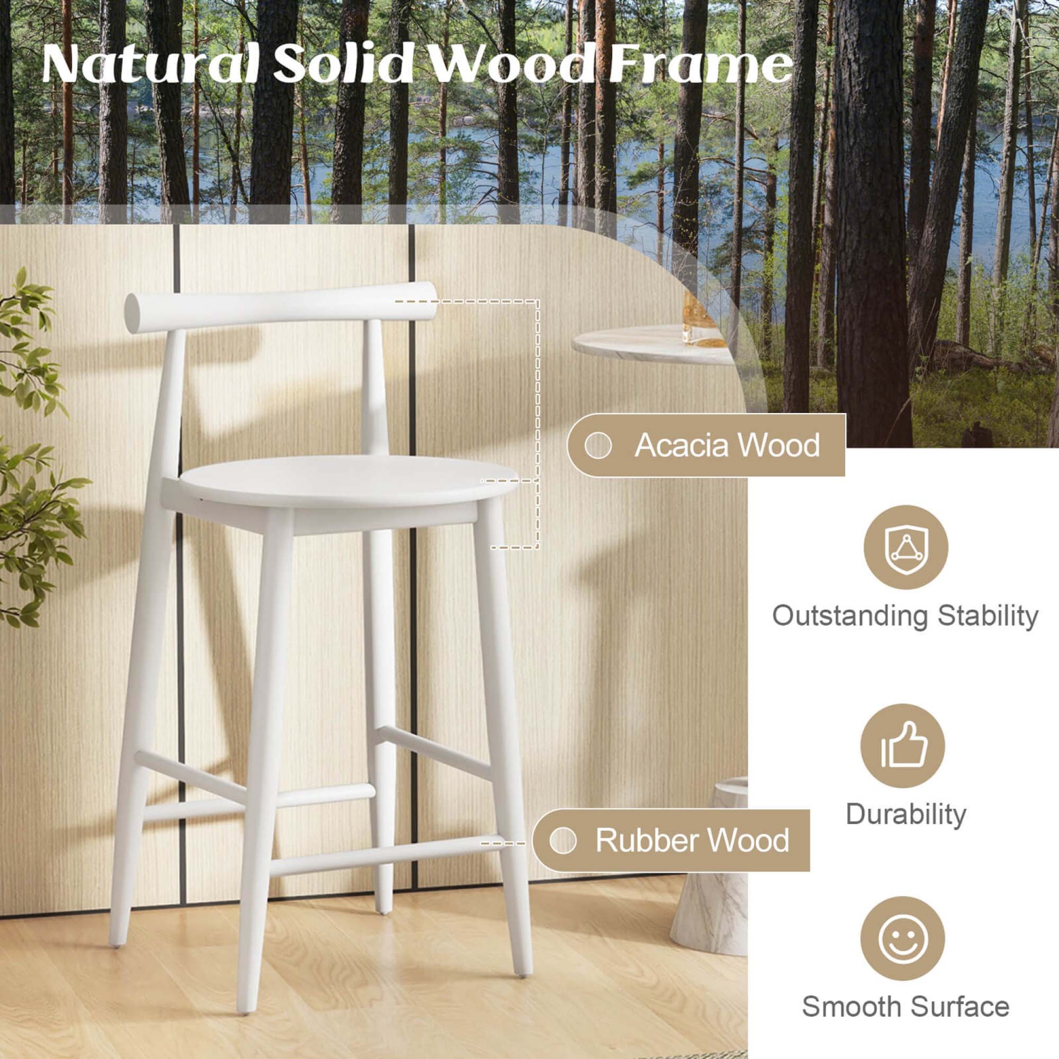 Costway Bar Chair Counter Height Stools Set of 2 with Acacia Wood Frame Supporting Legs White