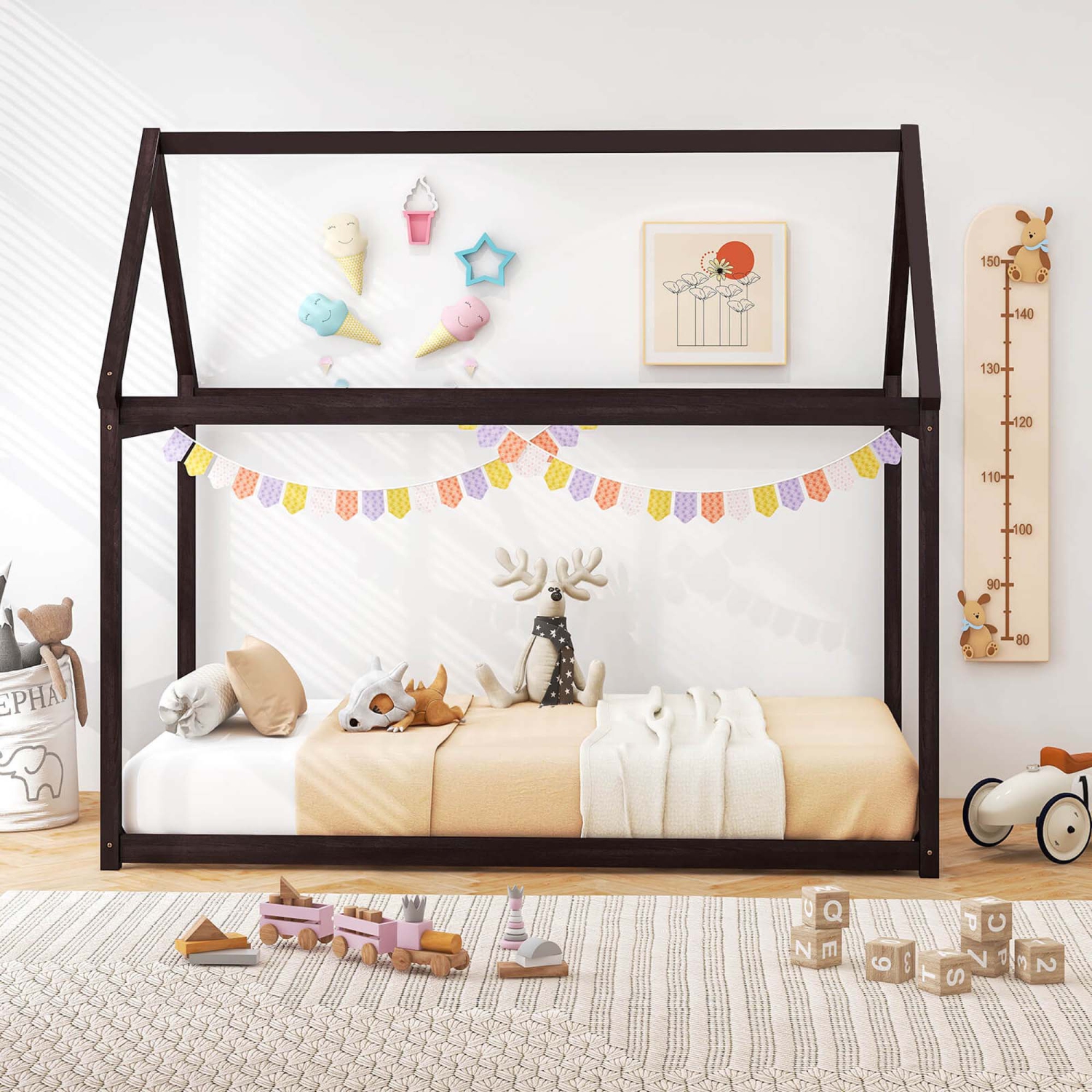 Cadre de lit simple en bois avec toit pour enfant de Costway sans sommier