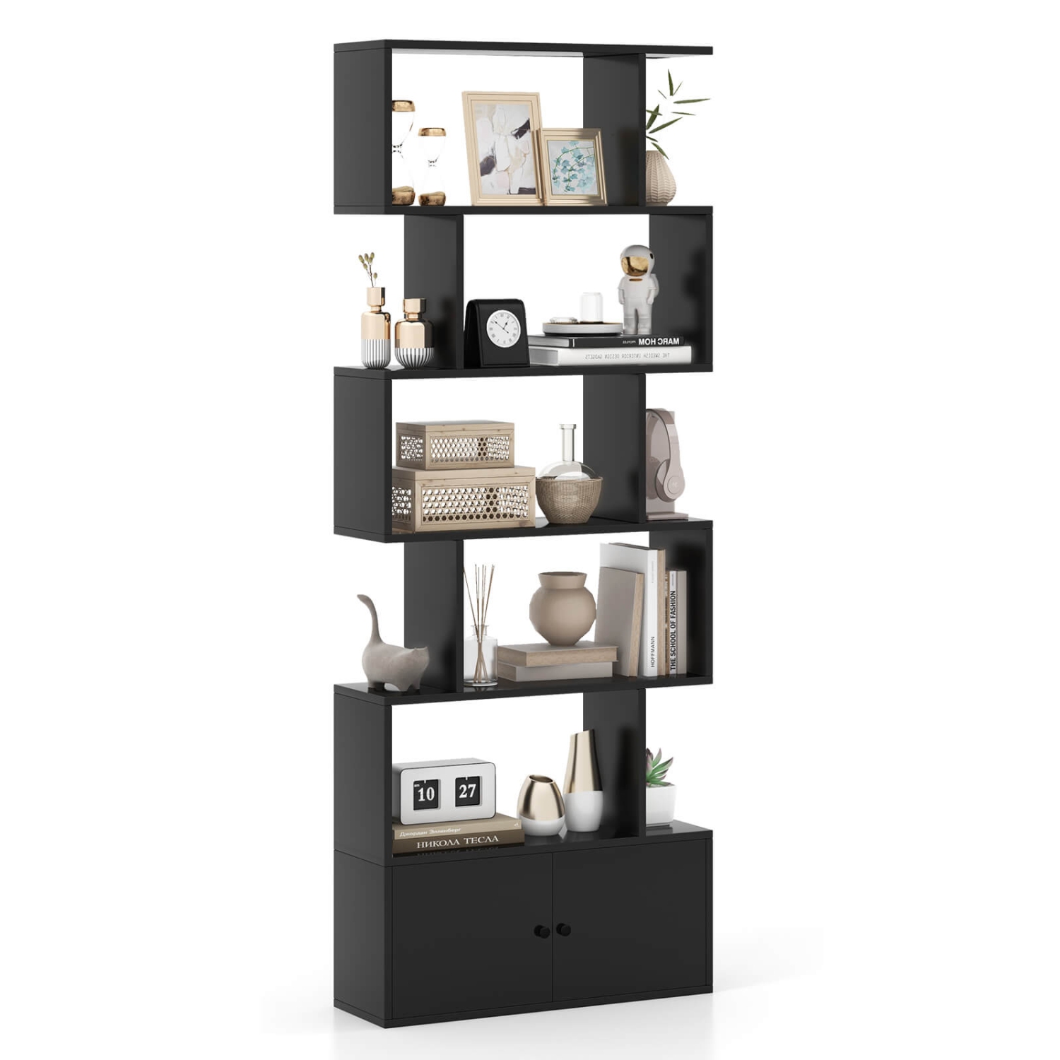 Costway 1 PC Bookshelf w/Cabinet 6-Tier S-Shaped Bookcase Storage Rack