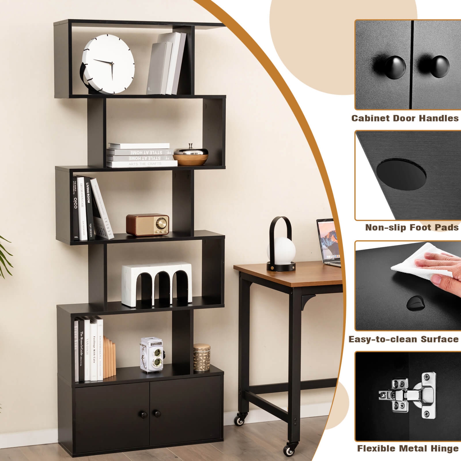 Costway 1 PC Bookshelf w/Cabinet 6-Tier S-Shaped Bookcase Storage Rack