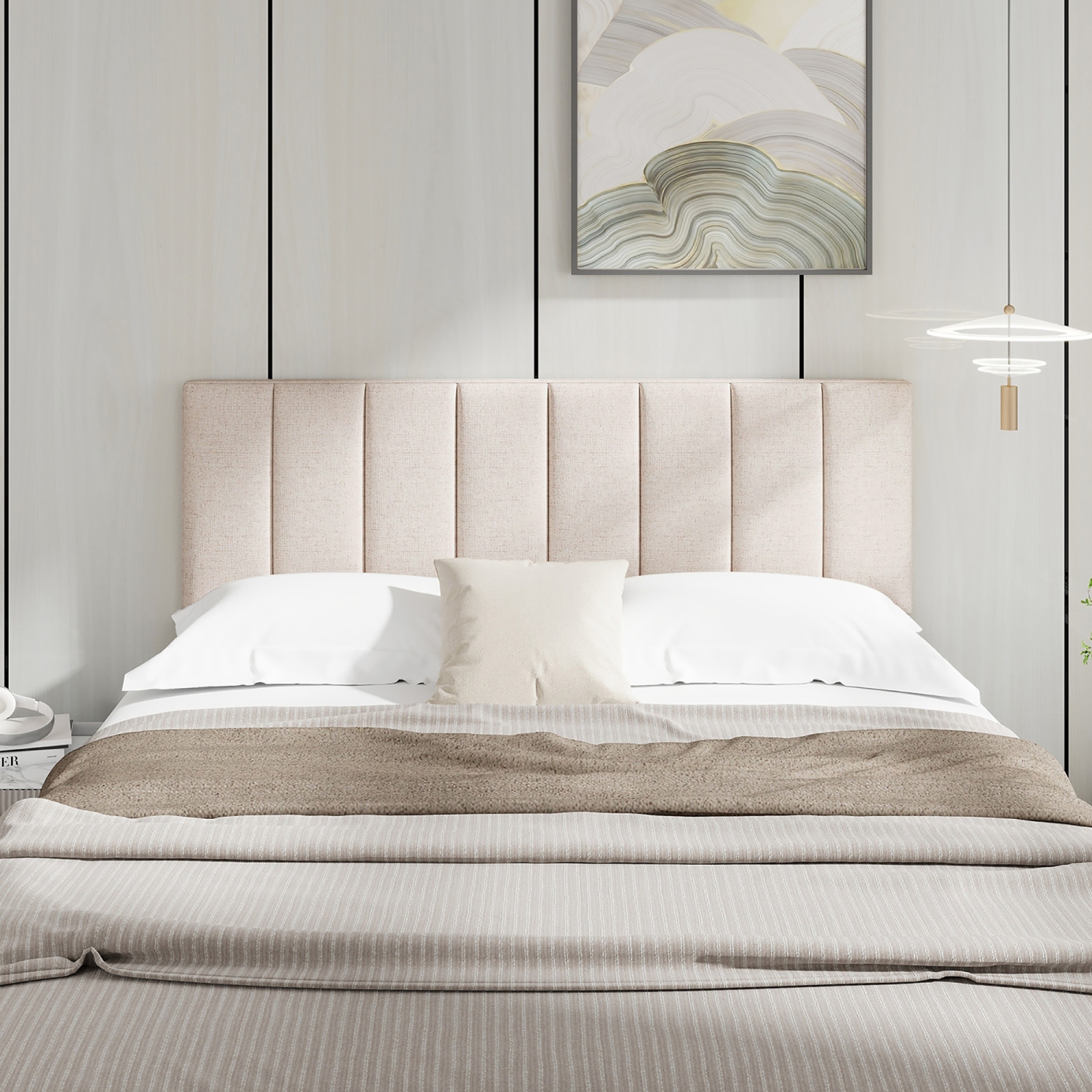 Gymax Linen Upholstered Headboard Vertical Channel Tufted Wood Leg for Full/Queen