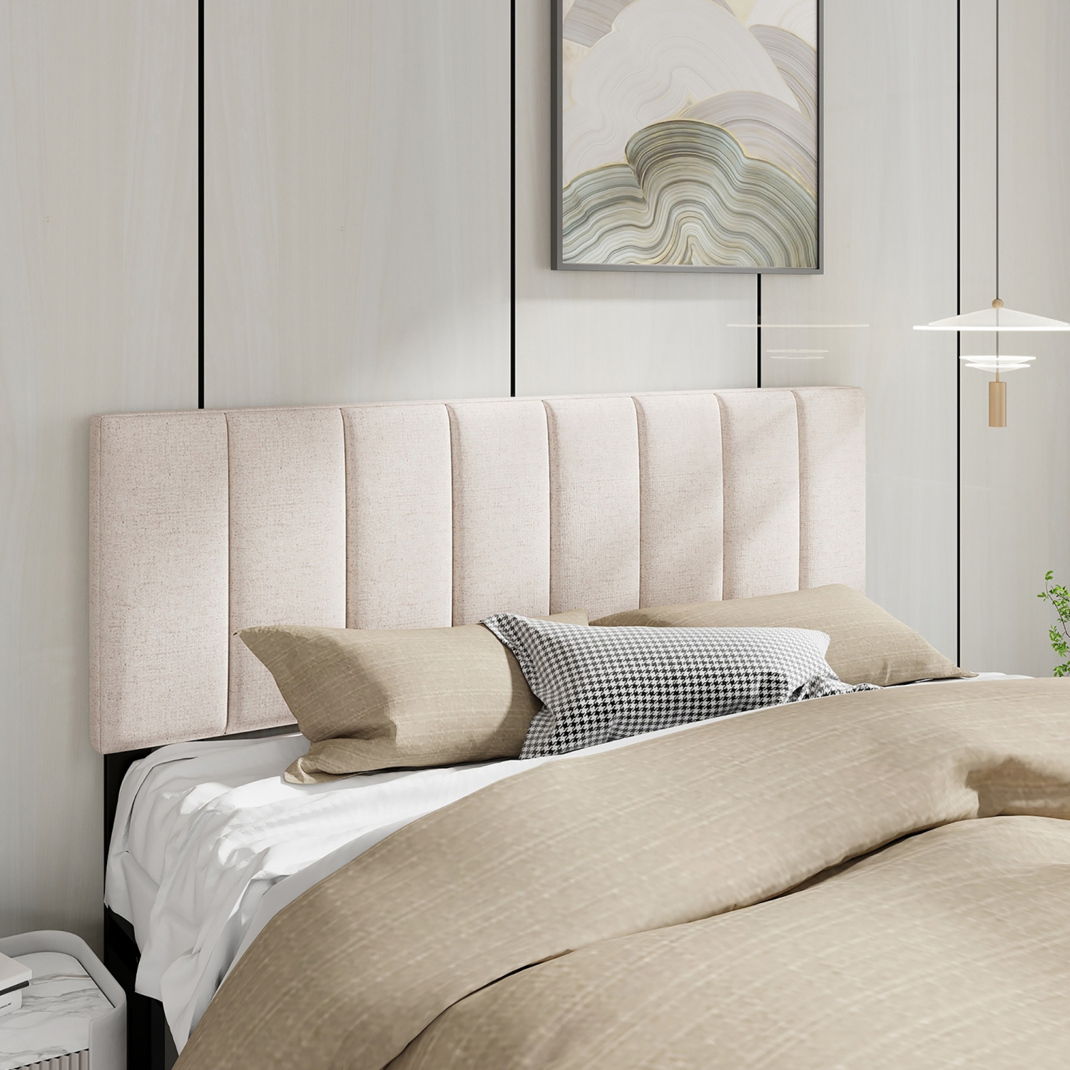 Gymax Linen Upholstered Headboard Vertical Channel Tufted Wood Leg for Full/Queen