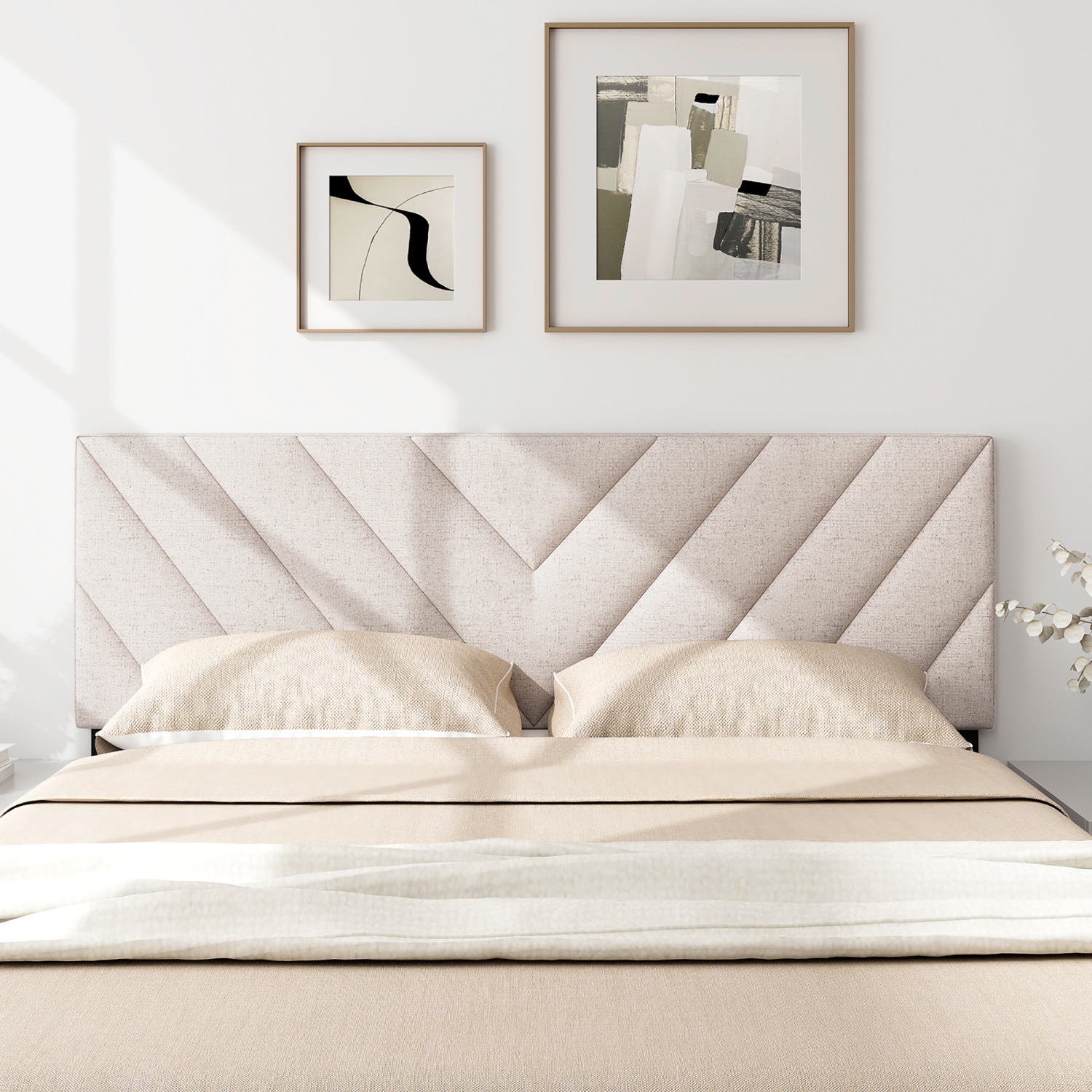 Gymax Linen Fabric Upholstered Headboard Rectangular Headboard w/ Solid Wood Legs