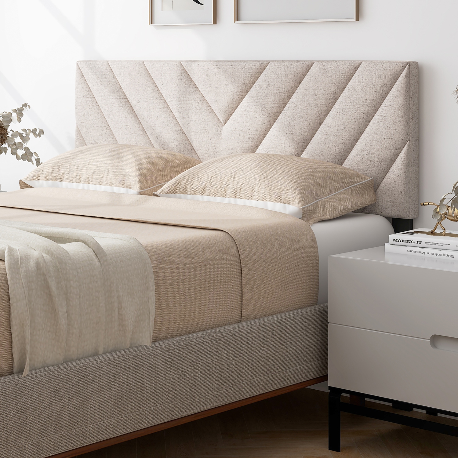 Gymax Linen Fabric Upholstered Headboard Rectangular Headboard w/ Solid Wood Legs