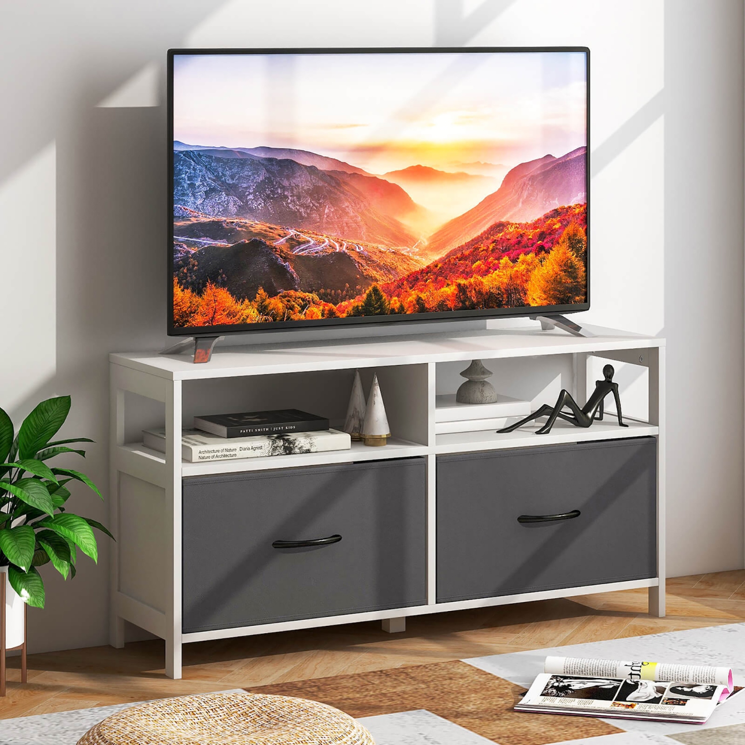 Gymax Fabric Dresser for Bedroom Chest of Drawers w/ 2 Drawers & 2 Open Shelves