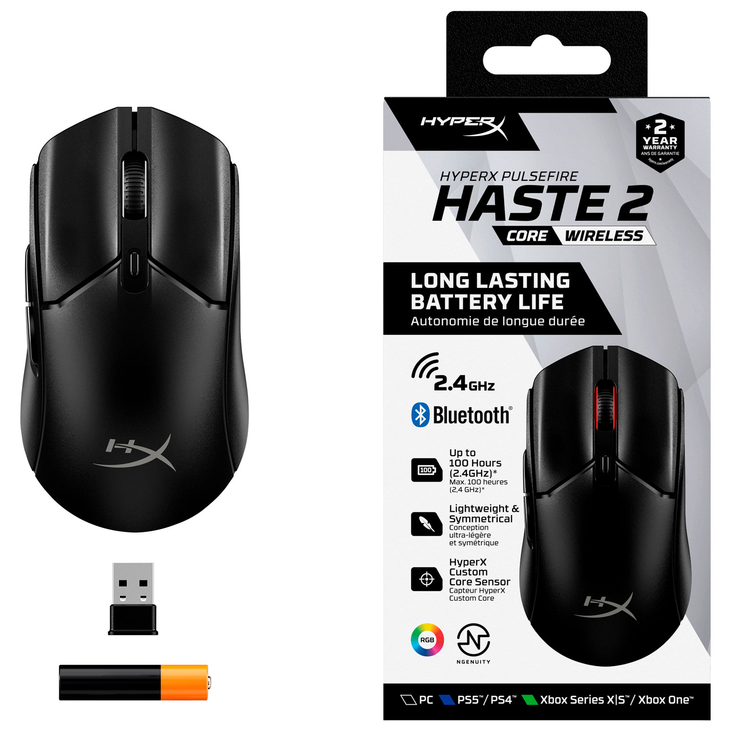 Souris de jeu sans fil de 12 000 ppp Pulsefire Haste 2 Core de HyperX - Noir