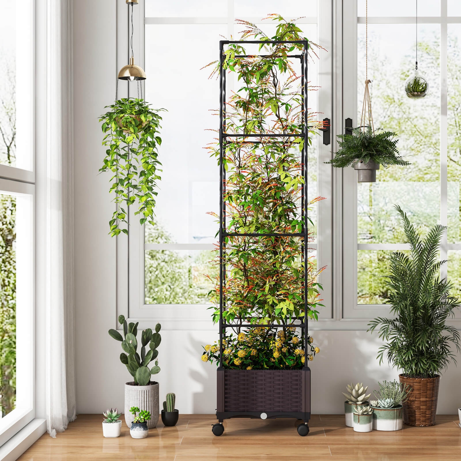 Costway 1 PCS 67" Planter Raised Garden Bed with Planter Box &Trellis Adjustable Height