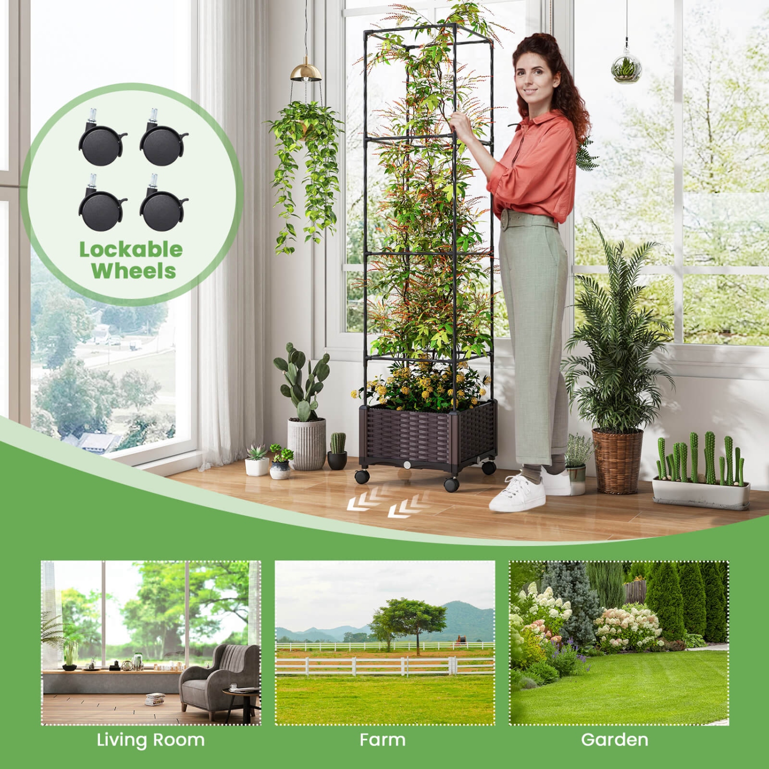 Costway 2 PCS 67" Planter Raised Garden Bed with Planter Box &Trellis Adjustable Height