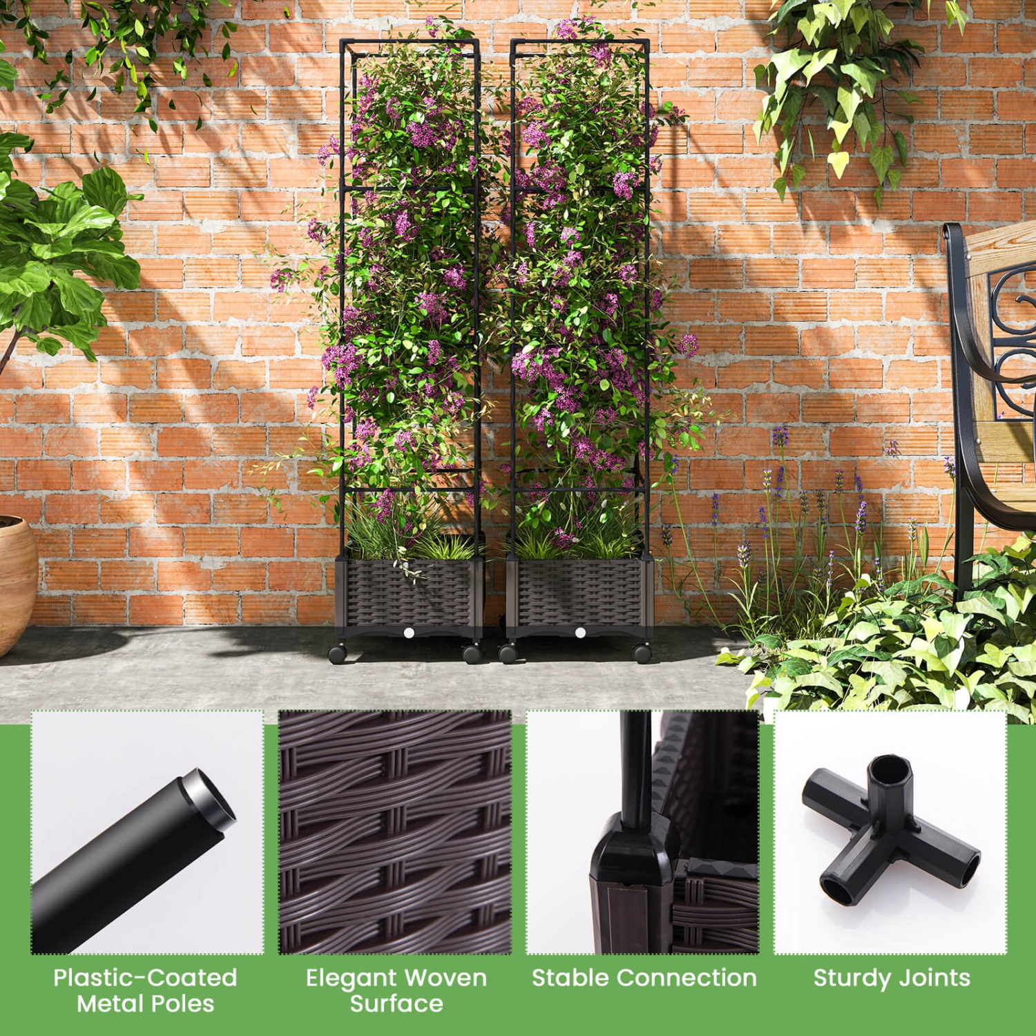Costway 2 PCS 67" Planter Raised Garden Bed with Planter Box &Trellis Adjustable Height