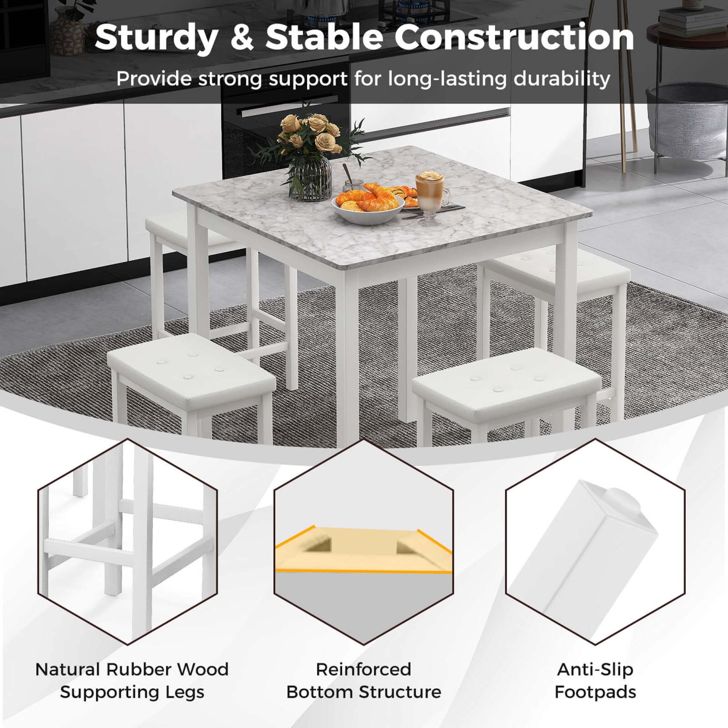 Ensemble avec table de bar carrée 5 pièces et 4 tabourets de bar recouverts de cuir PVC de Costway