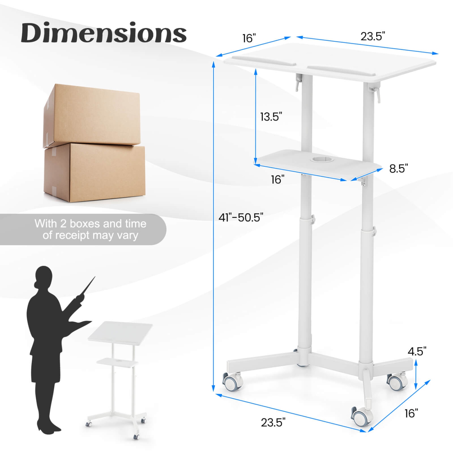 Costway 2 PCS Mobile Lectern Podium with Tilting Top Storage Tray Lockable Casters White