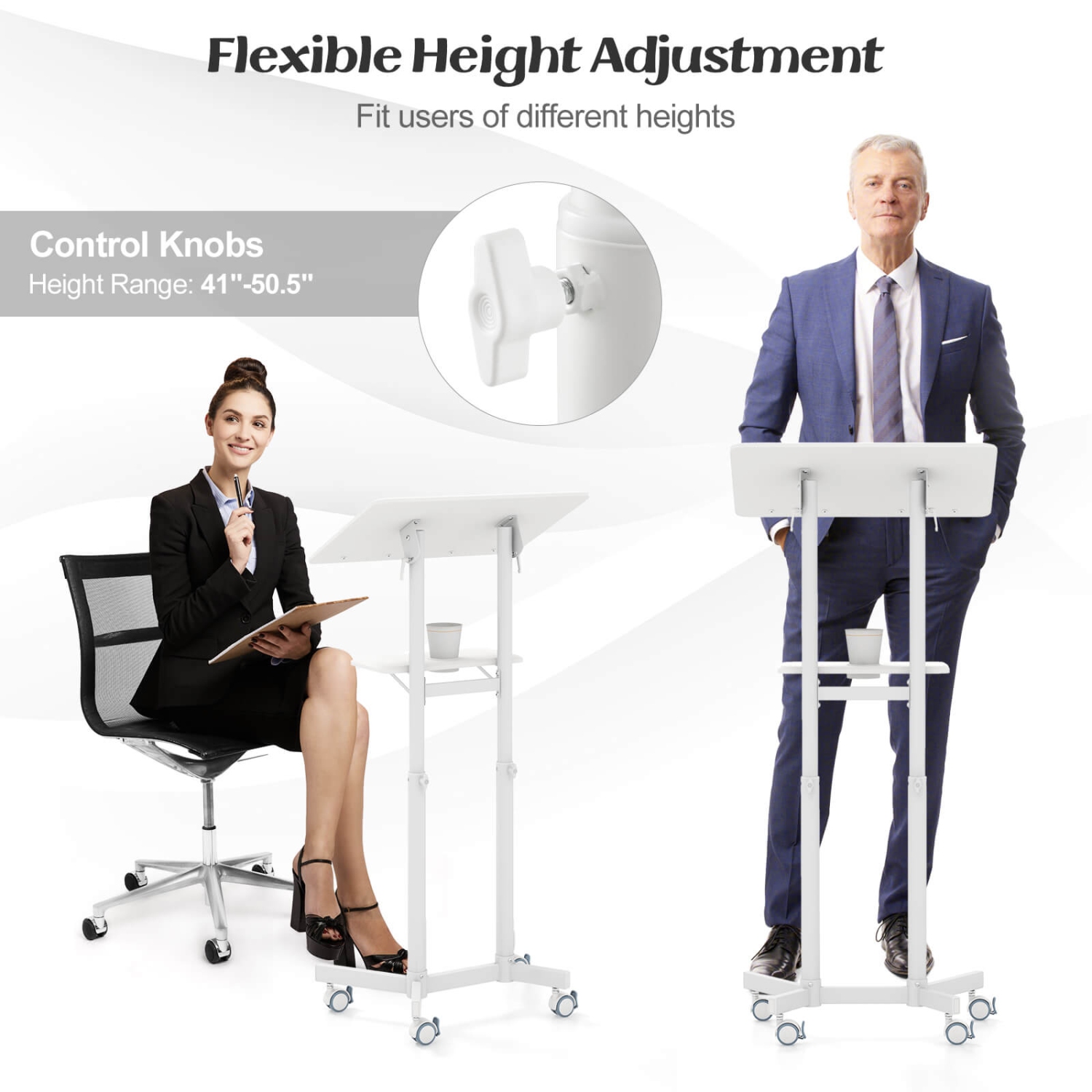 Costway 2 PCS Mobile Lectern Podium with Tilting Top Storage Tray Lockable Casters White