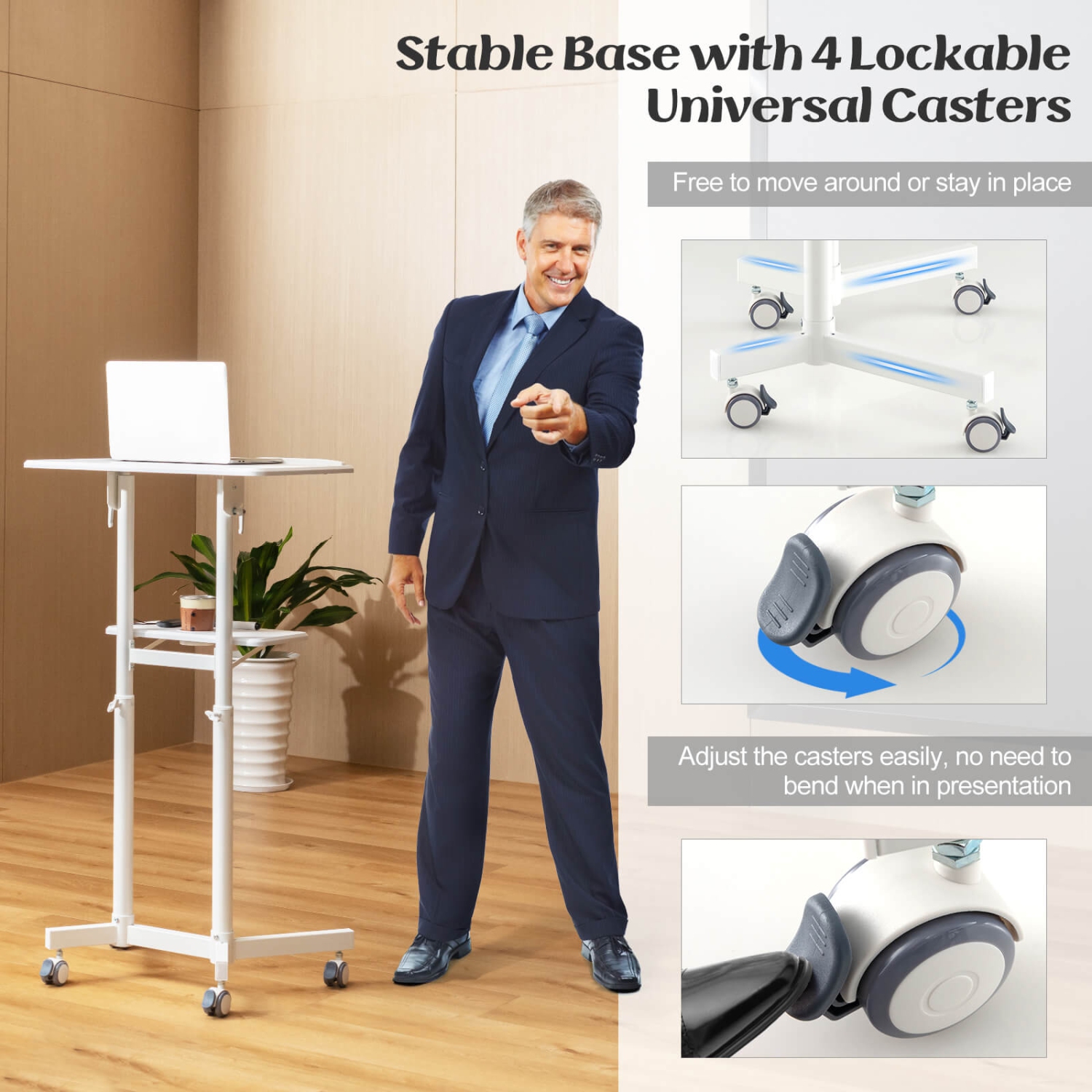 Costway 2 PCS Mobile Lectern Podium with Tilting Top Storage Tray Lockable Casters White