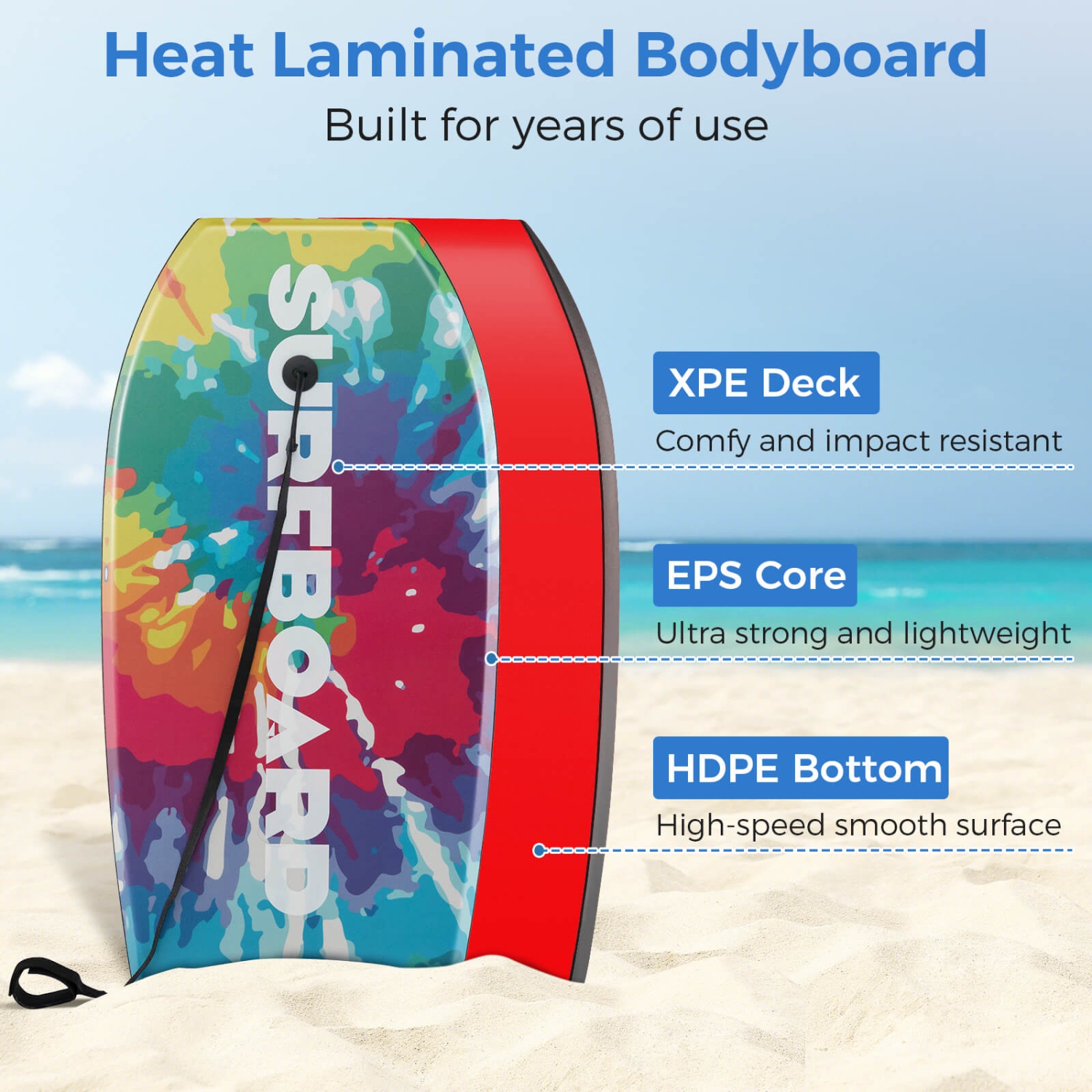 Costway 41" Lightweight Body Board with EPS Core XPE Deck HDPE Bottom Crescent Tail Colorful