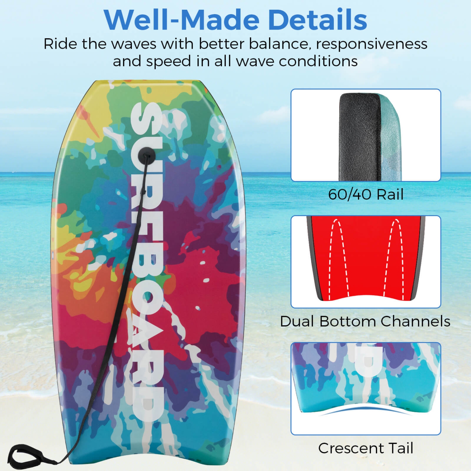 Costway 41" Lightweight Body Board with EPS Core XPE Deck HDPE Bottom Crescent Tail Colorful