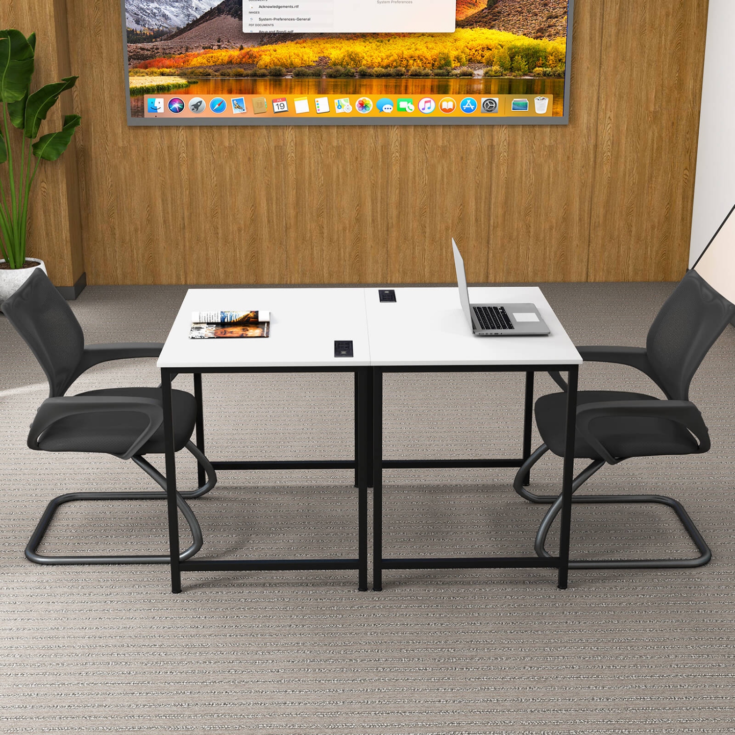 Costway 32" Meeting Room Desk Set of 2 with Charging Station & Headphone Hook Metal Frame White