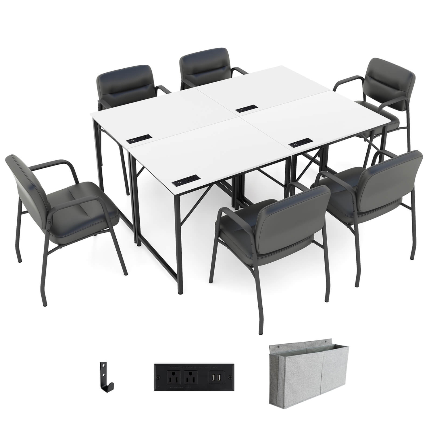 Costway 32" Meeting Room Desk Set of 4 with Charging Station & Headphone Hook Metal Frame White