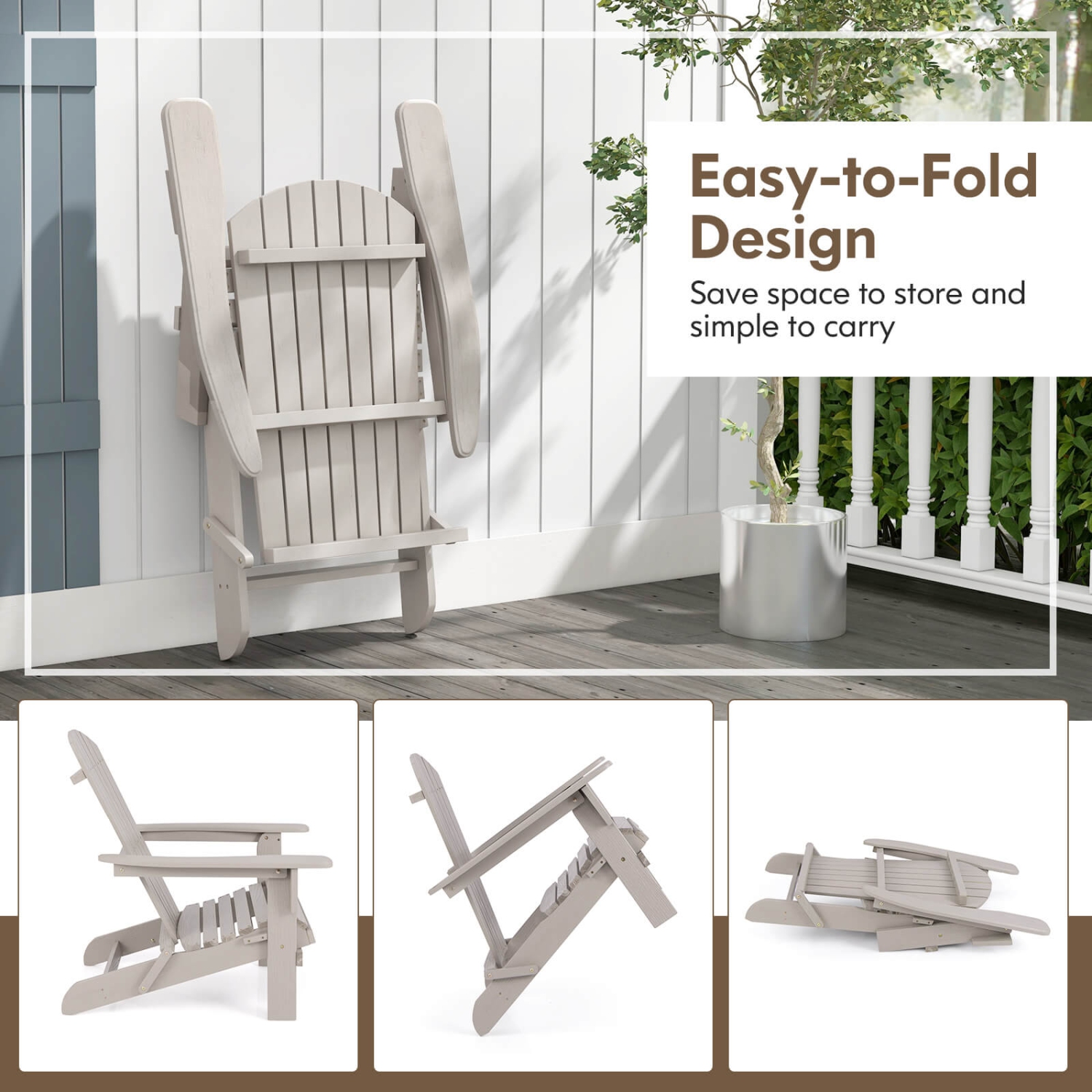 Ensemble de 1 chaises Adirondack pliantes de Costway avec dossier haut et accoudoirs larges, gris bois