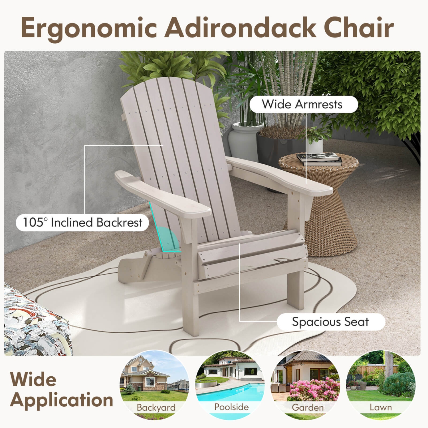 Ensemble de 1 chaises Adirondack pliantes de Costway avec dossier haut et accoudoirs larges, gris bois