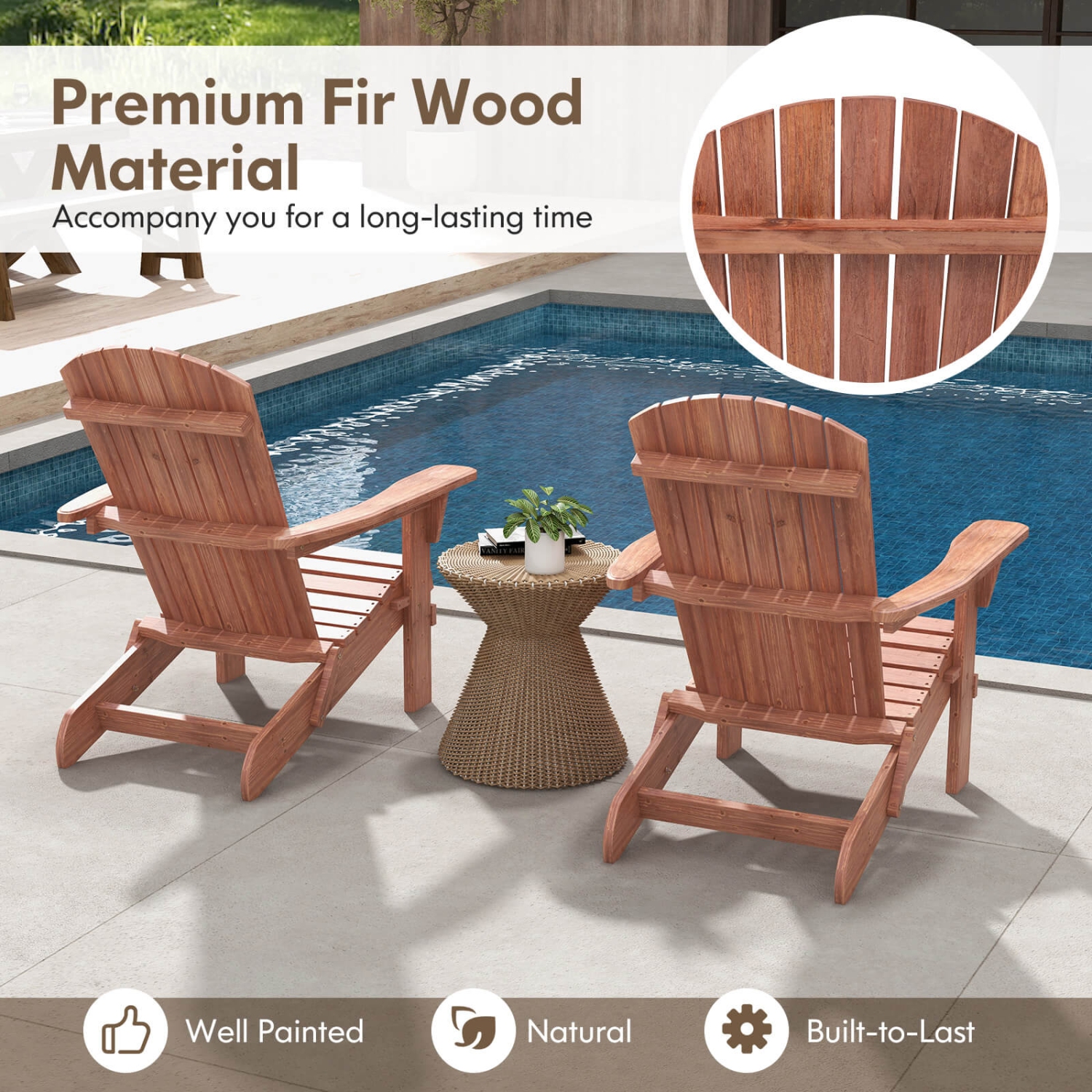 Costway Folding Adirondack Chair Set of 1 with High Backrest & Wide Armrests Wooden Brown