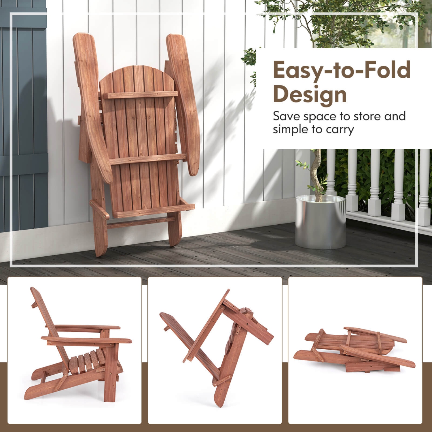Costway Folding Adirondack Chair Set of 1 with High Backrest & Wide Armrests Wooden Brown