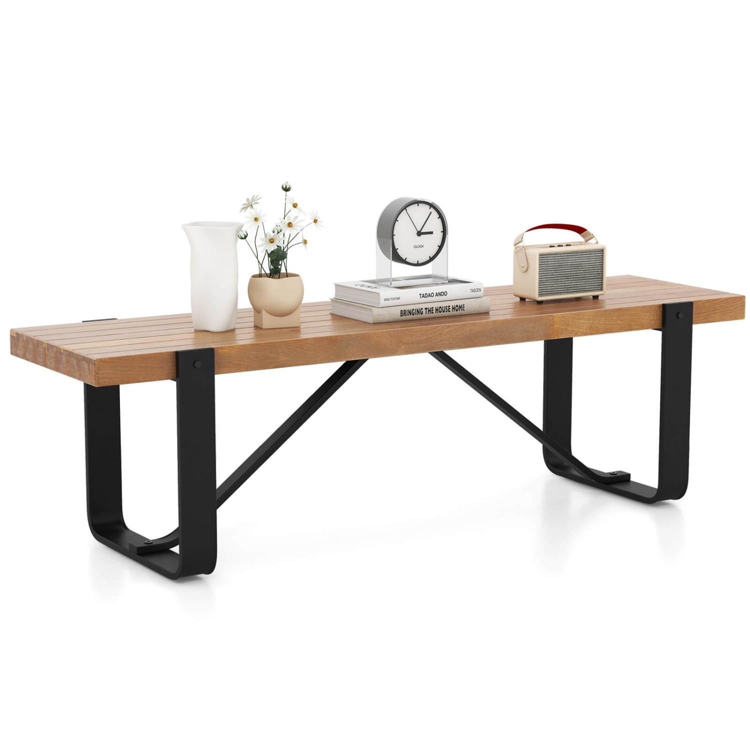 Costway 60" Long Hallway Bench Entryway Bench with Metal Frame Farmhouse Wooden Shoe Rack