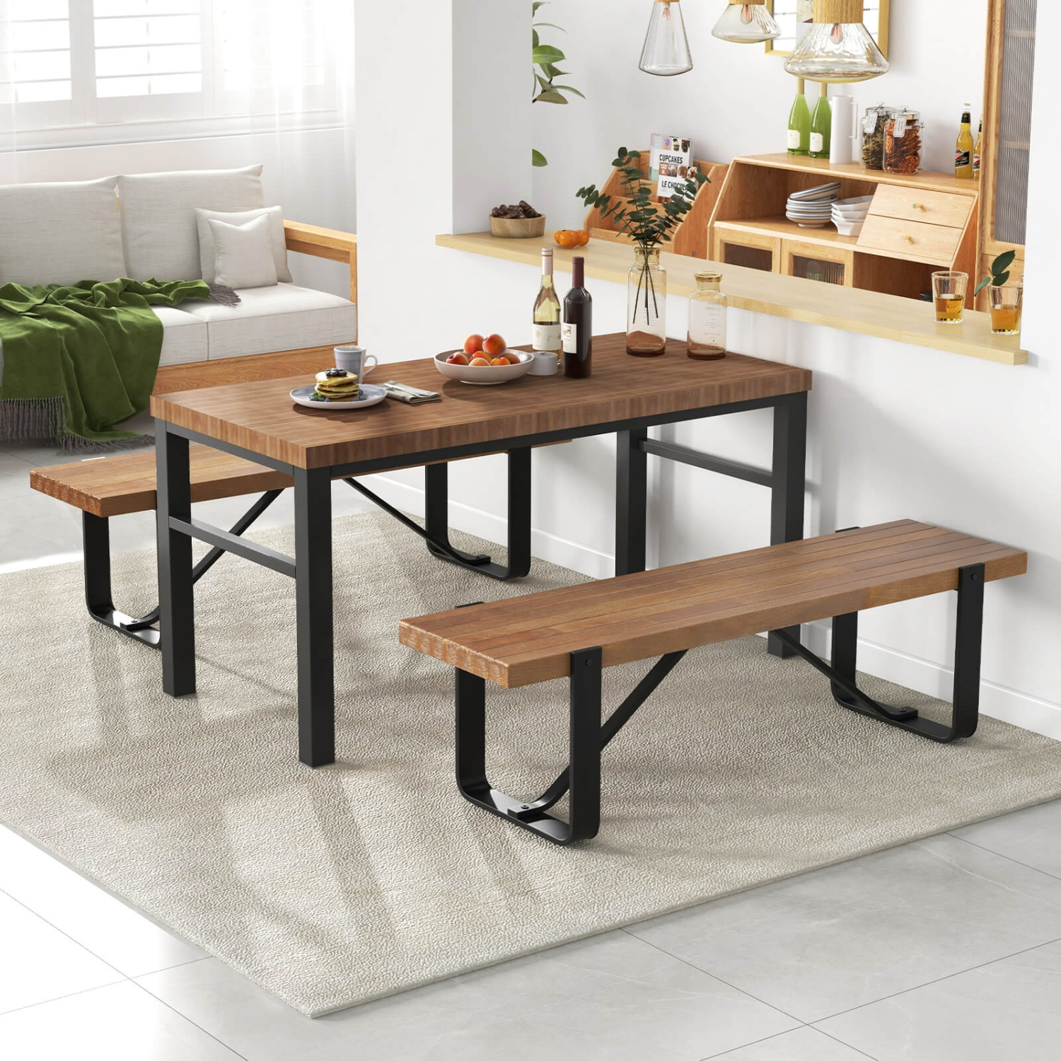 Costway 60" Long Hallway Bench Entryway Bench with Metal Frame Farmhouse Wooden Shoe Rack