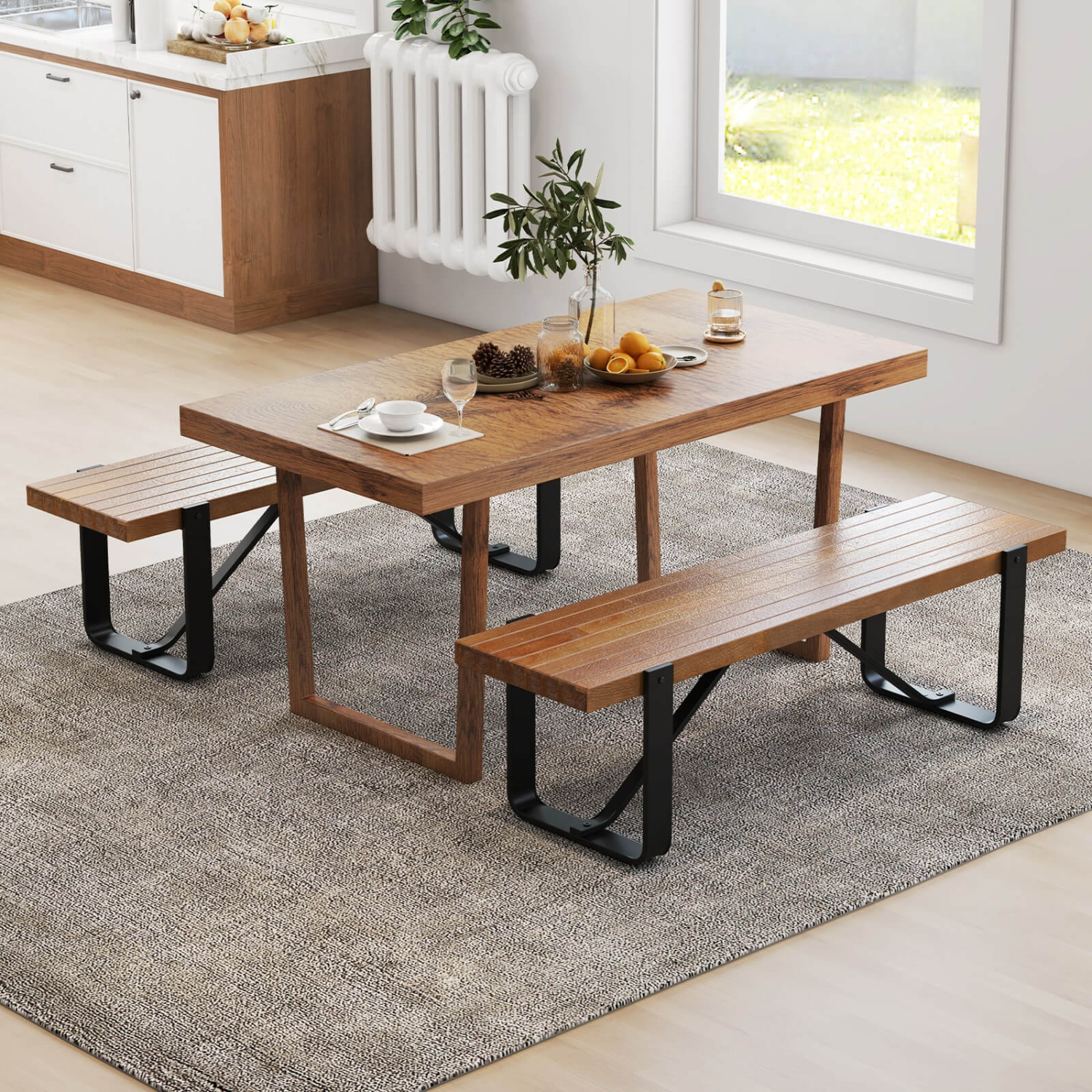 Costway 60" Long Hallway Bench Entryway Bench with Metal Frame Farmhouse Wooden Shoe Rack