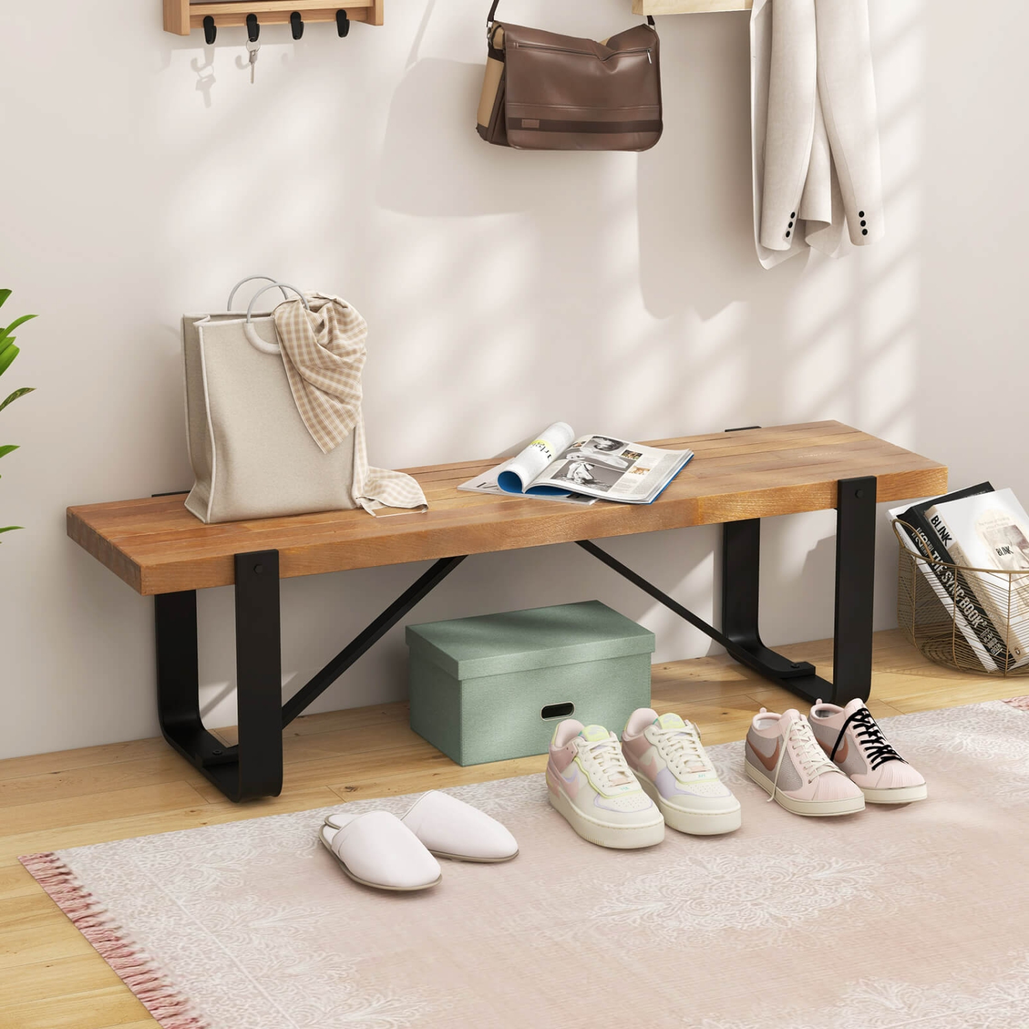 Costway 60" Long Hallway Bench Entryway Bench with Metal Frame Farmhouse Wooden Shoe Rack