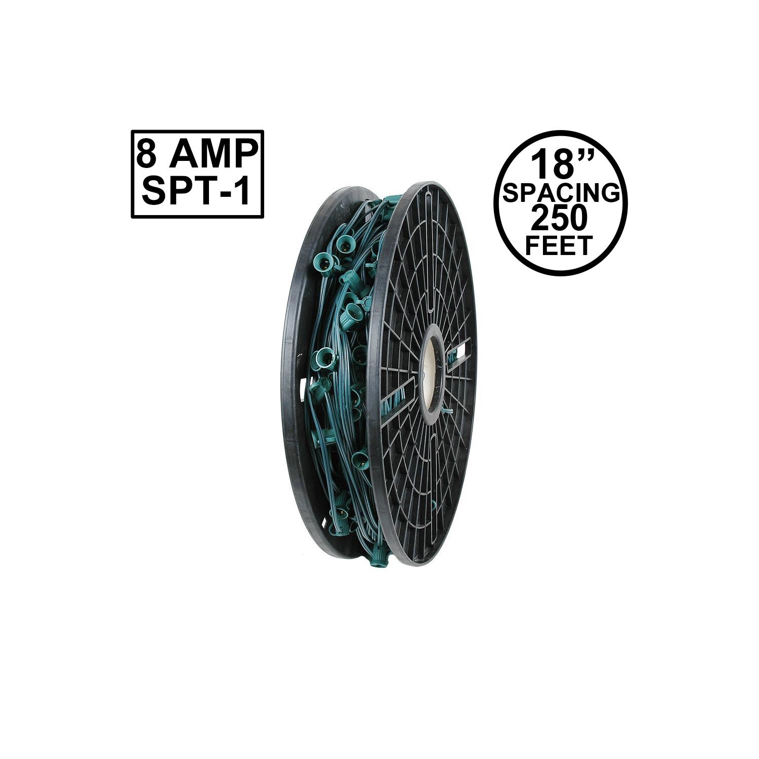 Novelty Lights 250 Feet C9/E17 Socketed Light Spool, Green Wire Bulk Reel, 8 Amp SPT-1 Wire, Commercial Grade, Indoor/Outdoor All Weather, For