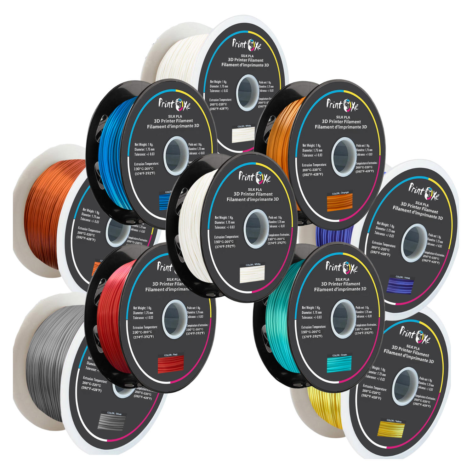 3D Filament EN SOIE PLA de 10&nbsp;mm paquet de 2 blanc et 1 de chaque couleur : Vert Rouge Jaune Bleu Violet cuivre Argent et Orange 1,75&nbsp;mm