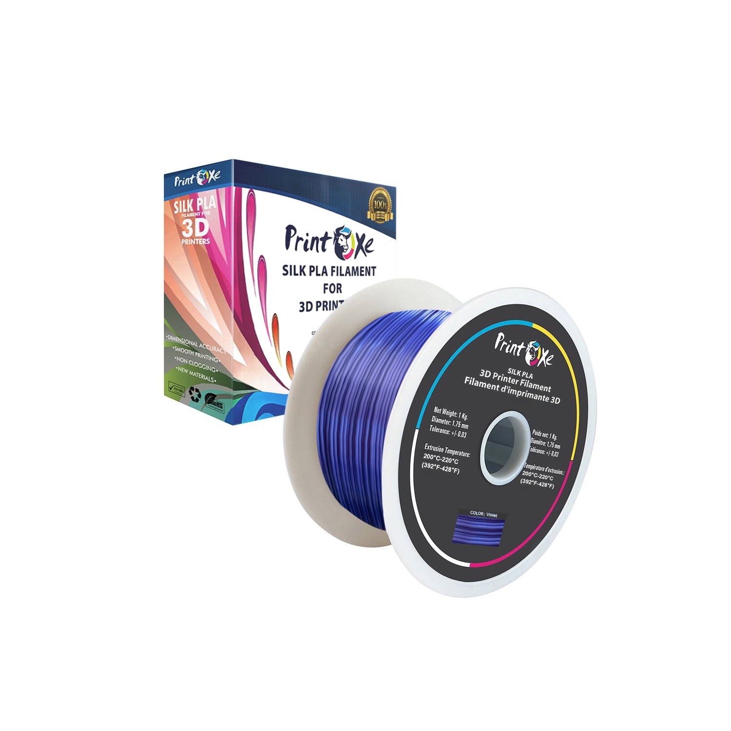 3D Filament EN SOIE PLA de 10&nbsp;mm paquet de 2 blanc et 1 de chaque couleur : Vert Rouge Jaune Bleu Violet cuivre Argent et Orange 1,75&nbsp;mm