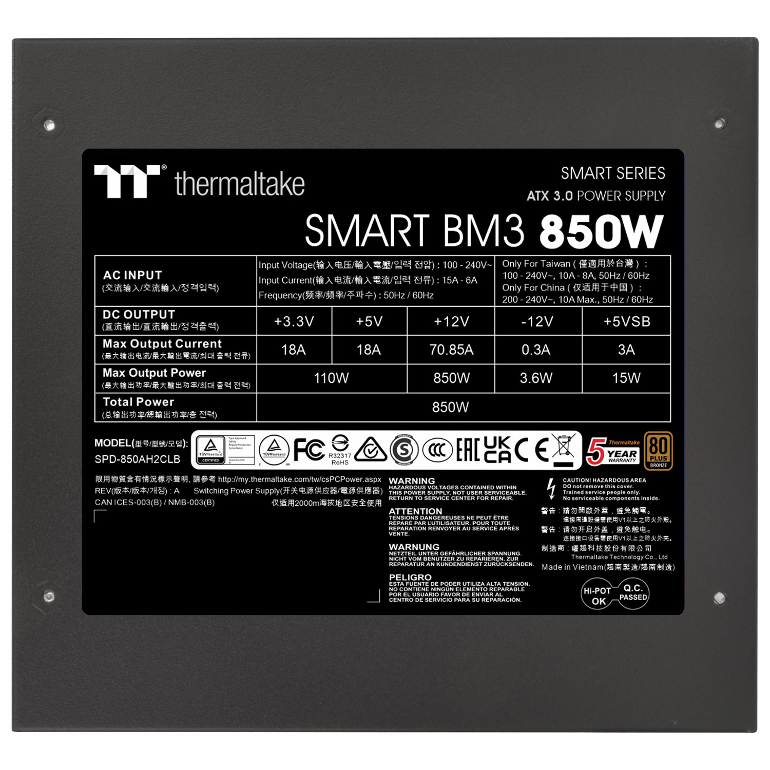 Bloc d'alimentation semi-modulaire ATX3.1 de 850 W Smart BM3 80 PLUS de Thermaltake
