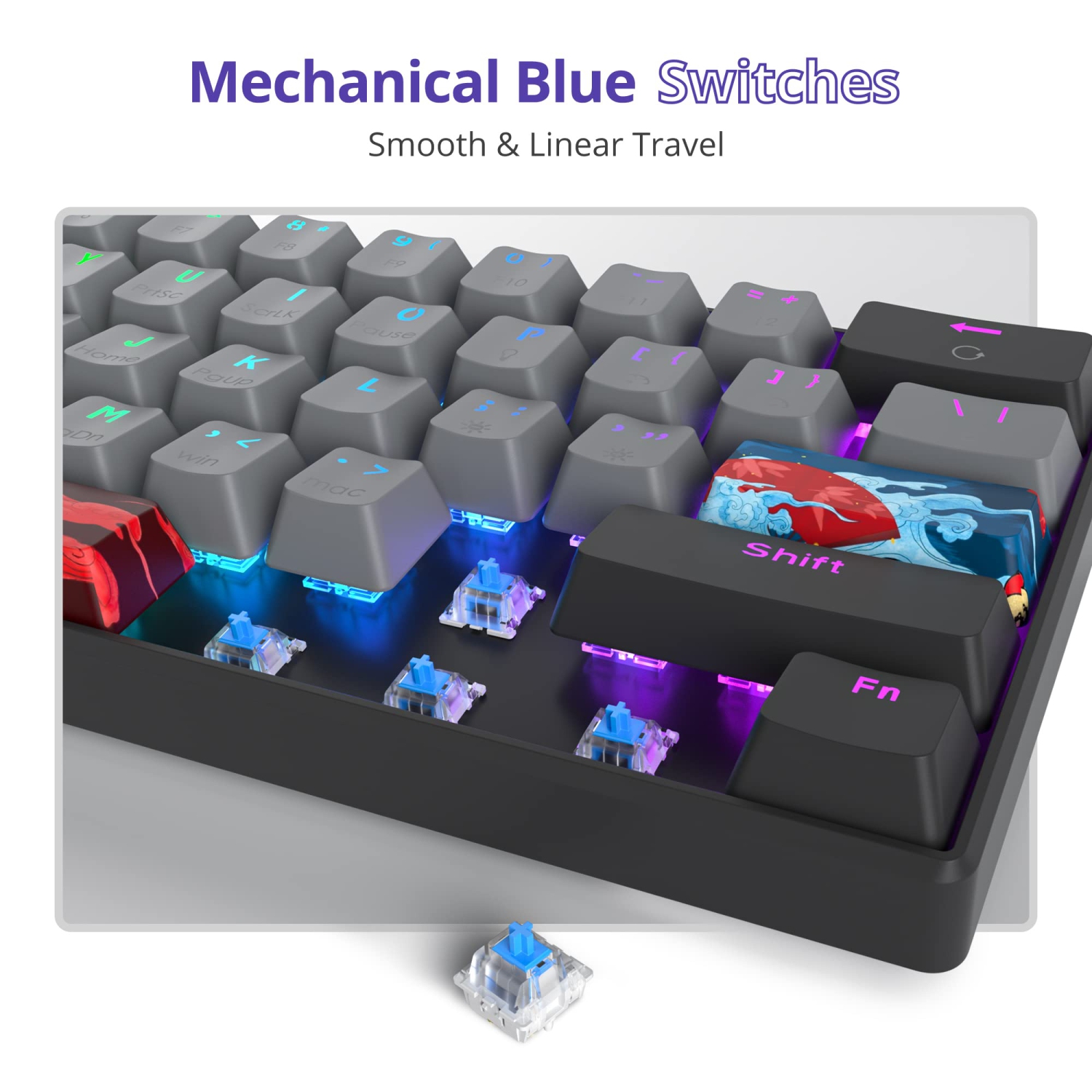 Owpkeenthy 60% Percent Keyboard Mechanical Gaming Blue Switch Ultra Compact RGB Wired 60% Gaming Keyboard N-Key Rollover for PC Gamer(Black/Blue