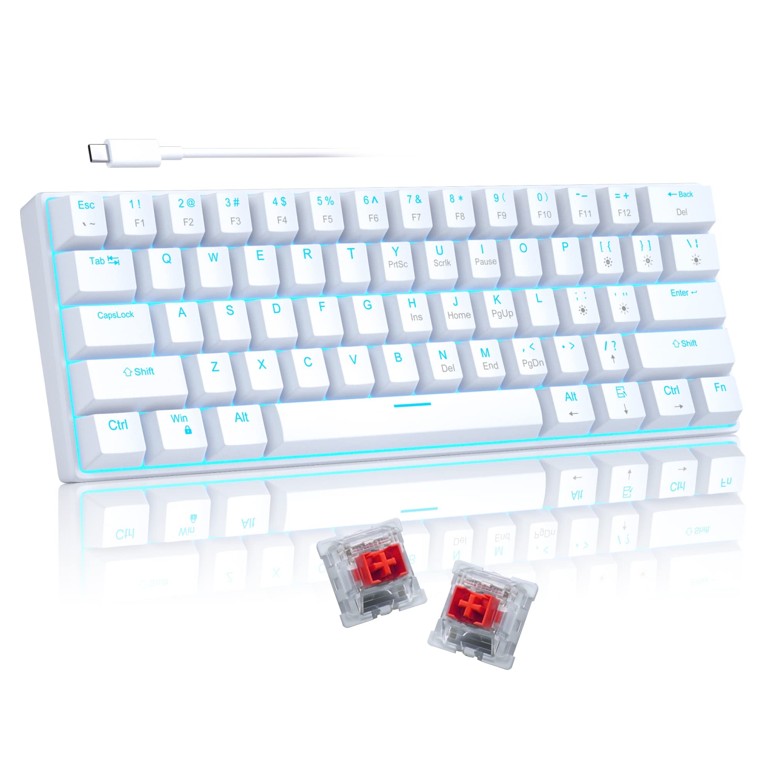 60 Percent Mechanical Gaming Keyboard, White Gaming Keyboard with Red Switches, Detachable Type-C Cable 60% Mini Keyboard with Powder Blue Light for Windows/Mac/PC/Laptop