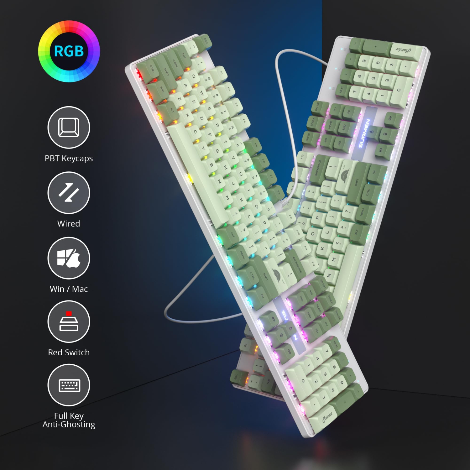 Owpkeenthy – clavier de jeu mécanique vert pleine grandeur avec pavé numérique, clavier avec fil 100 % à rétroéclairage RVB NKRO à 104 touches avec