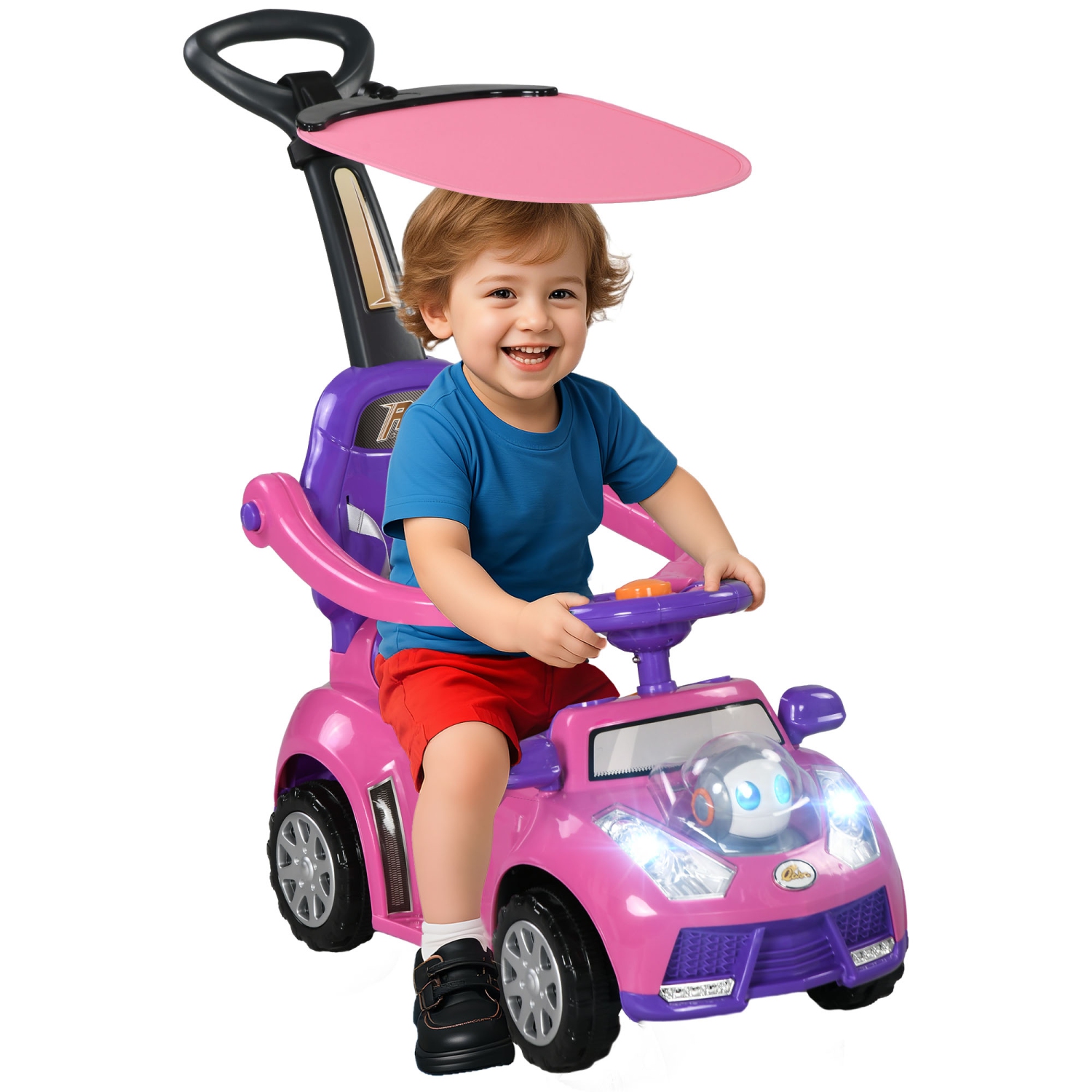 Qaba Push car, 3-en-1 voiture coulissante pour tout-petit enfant avec musique, lumière, voiture pour bébé au sol avec poignée, auvent amovible,