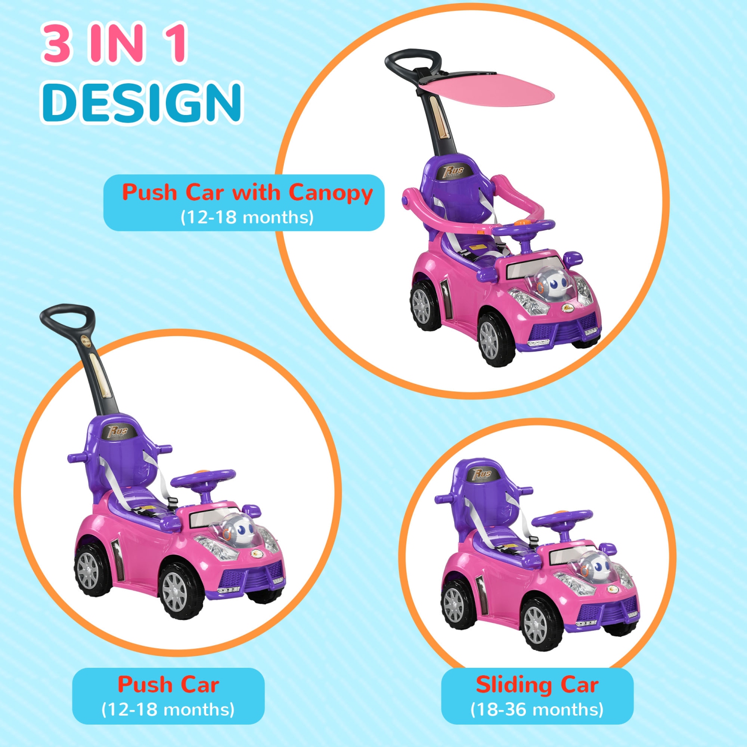 Qaba Push car, 3-en-1 voiture coulissante pour tout-petit enfant avec musique, lumière, voiture pour bébé au sol avec poignée, auvent amovible,