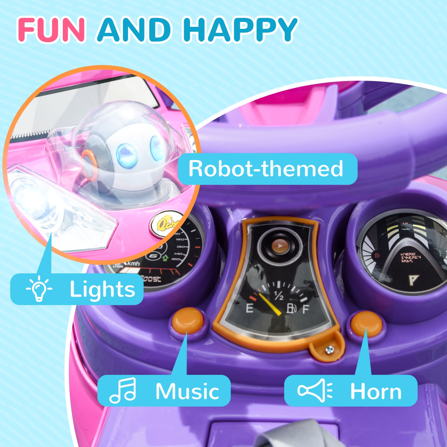 Qaba Push car, 3-en-1 voiture coulissante pour tout-petit enfant avec musique, lumière, voiture pour bébé au sol avec poignée, auvent amovible,