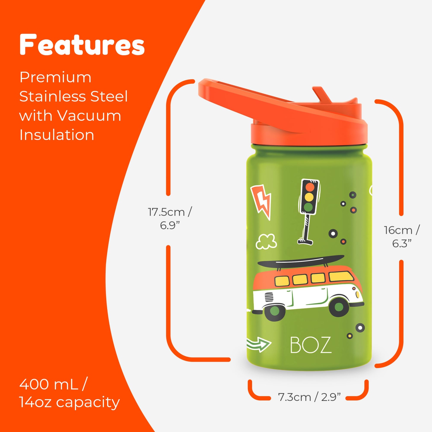 BOZ Kids Insulated Water Bottle with Straw Lid, Stainless Steel Vacuum Double Wall Water Cup, 14 oz Carry Handle, BPA-free and Dishwasher-safe (Cars)