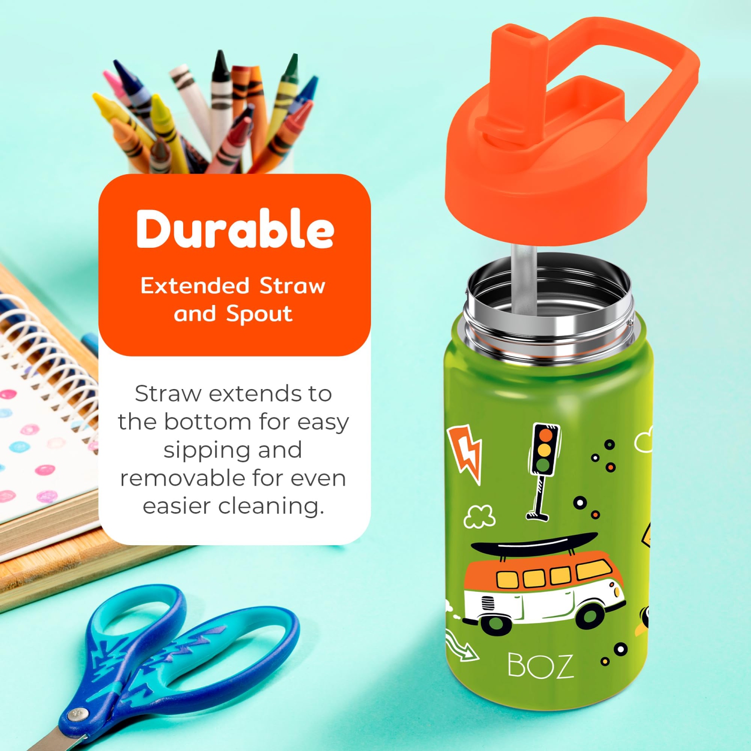 BOZ Kids Insulated Water Bottle with Straw Lid, Stainless Steel Vacuum Double Wall Water Cup, 14 oz Carry Handle, BPA-free and Dishwasher-safe (Cars)